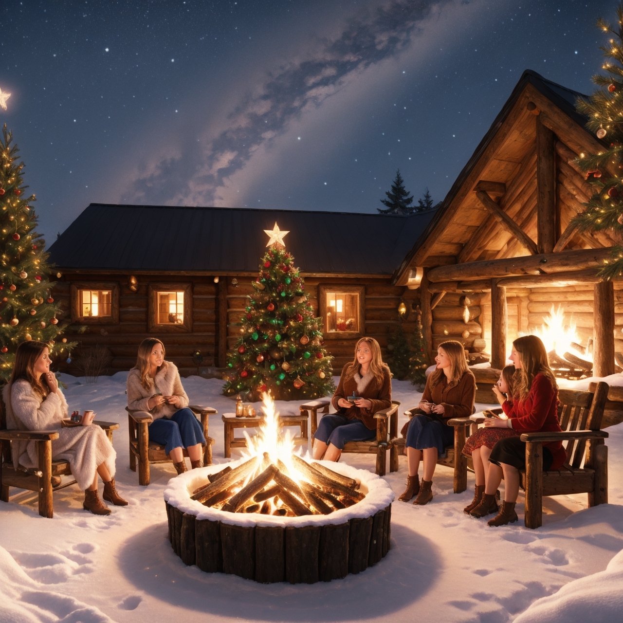 photorealistic, best quaity, 8k, high_resolution,

 a group of girls are sitting around a cozy fire, christmas tree, wooden lodge, sntdrs