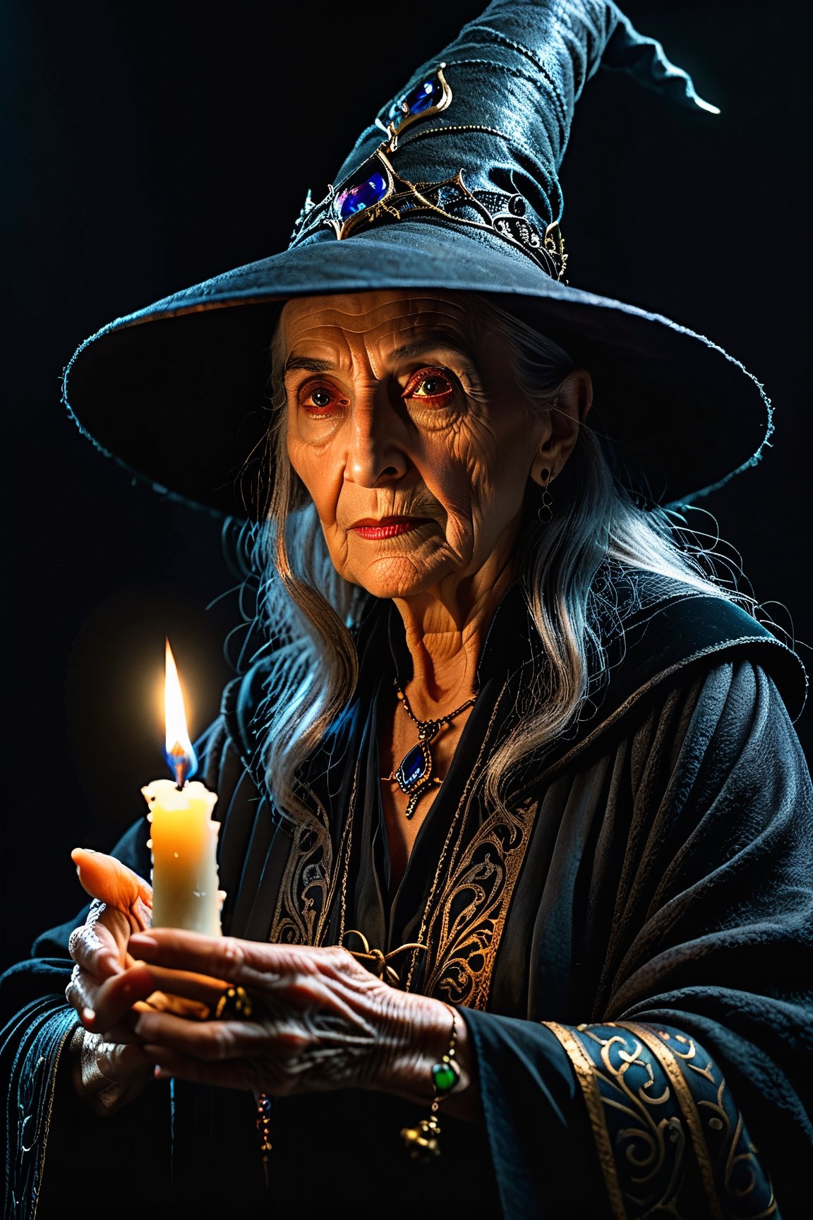 (best quality,4k,8k,highres,masterpiece:1.2),ultra-detailed,(realistic,photorealistic,photo-realistic:1.37),HDR,UHD,studio lighting,ultra-fine painting,sharp focus,physically-based rendering,extreme detail description,professional,witch with a candle in her hand, grandmother witch, portrait of a witch, witch woman, Photorealistic dark concept art, middle-aged witch, Tadeusz Pruszkowski, hyper-detailed fantasy character, portrait of a witch, portrait of a dark witch, an elderly lady, witch, Pablo Muñoz Gómez