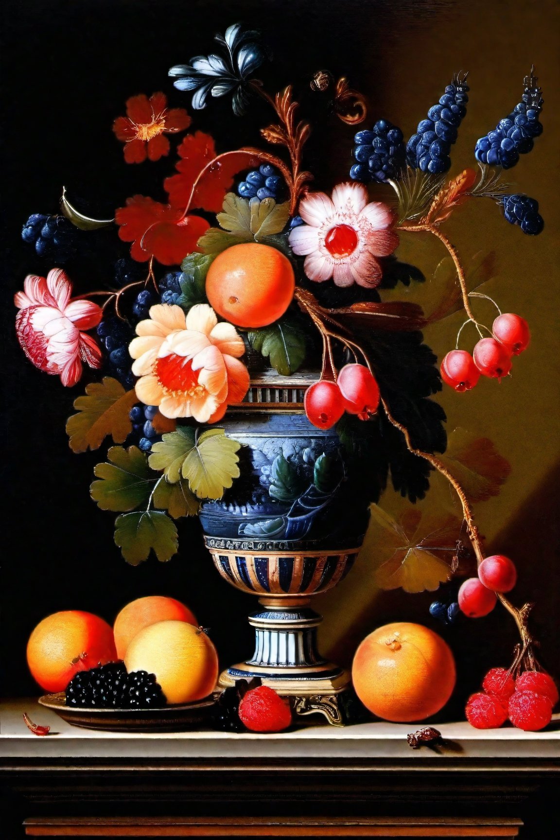 Painting of a vase with flowers and fruit on the cornice, Dutch still life of the 1600s, Dutch still life of the 1600s, Fruit and flowers, Abraham de Vries, inspired by Cornelis de Heem, Jan Davidson de Heem, based on Balthasar van der Asta