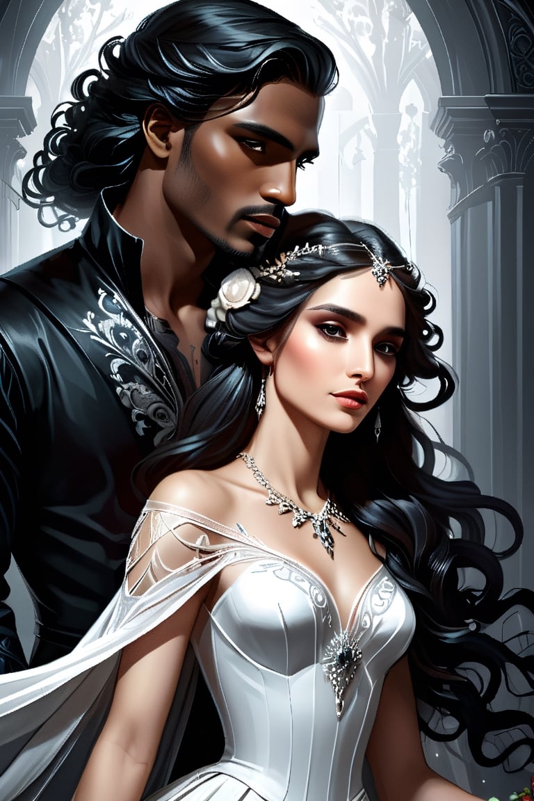 Black and white pencil drawn picture of a man and a woman, poster inspired by Charlie Bowater, Persephone as goddess of death, 2021 contest winner, Magali Villeneuve, full colour illustration, Victorian Gothic, detailed book illustration, dark skinned woman, goddess of love, Kerem Beyit, bride and groom, Adam Hughes, Jennefer