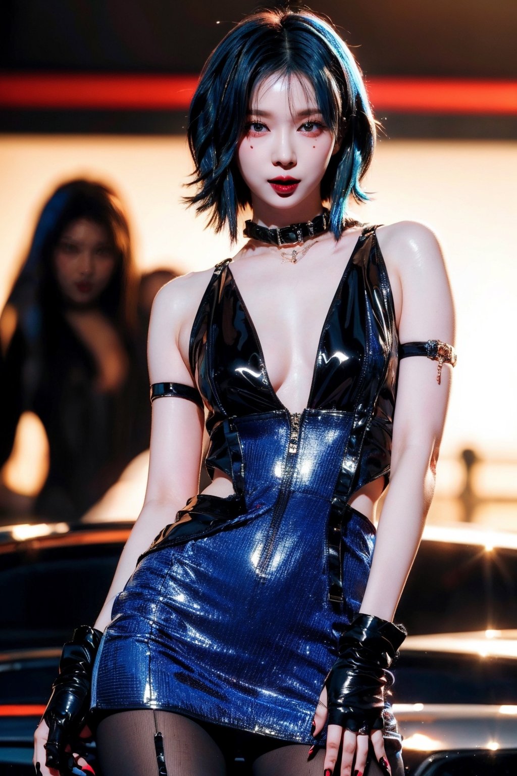 minji , solo, (black lipstick:1.3)(Blue hair: 1.3)
BLACK LATEX BODYSUIT, BLACK GLOVES, seductive, sexy pose , perfect korean girl, beautiful and detailed dress, dazzling sunlight, delicate facial features, perfect anatomy,sanatw,aespakarina,aespawinter