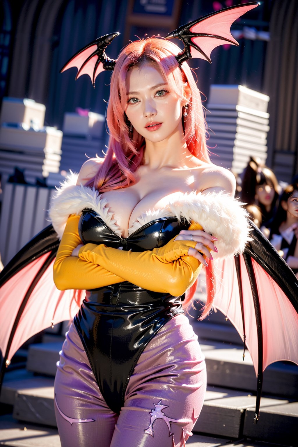 masterpiece, best quality, (detailed background), (beautiful detailed face, beautiful detailed eyes), absurdres, highres, ultra detailed, masterpiece, best quality, detailed eyes, 1girl, long hair, solo, breasts, print legwear, bat print, morrigan aensland, pantyhose, wings, head wings, large breasts, covered nipples, , animal print, leotard, light pink hair, demon girl, cleavage, bare shoulders, purple pantyhose, looking at viewer, green eyes, smile, collarbone, bat wings, bangs, cowboy shot, covered navel, purple wings, low wings, black leotard, fingernails, nail polish, floating hair, closed mouth, fur trim, heart cutout, demon wings, standing, long fingernails, bat (animal), highleg, clothing cutout, gloves, highleg leotard, crossed arms, parted bangs, v-shaped eyebrows, aqua eyes, pink lips, breast hold, night, aqua hair, lips, strapless, blunt bangs, midnight, full moon, at the city,morrigan aensland,highleg leotard,morrigan_aensland_aiwaifu,1 girl,Makeup,sanatw