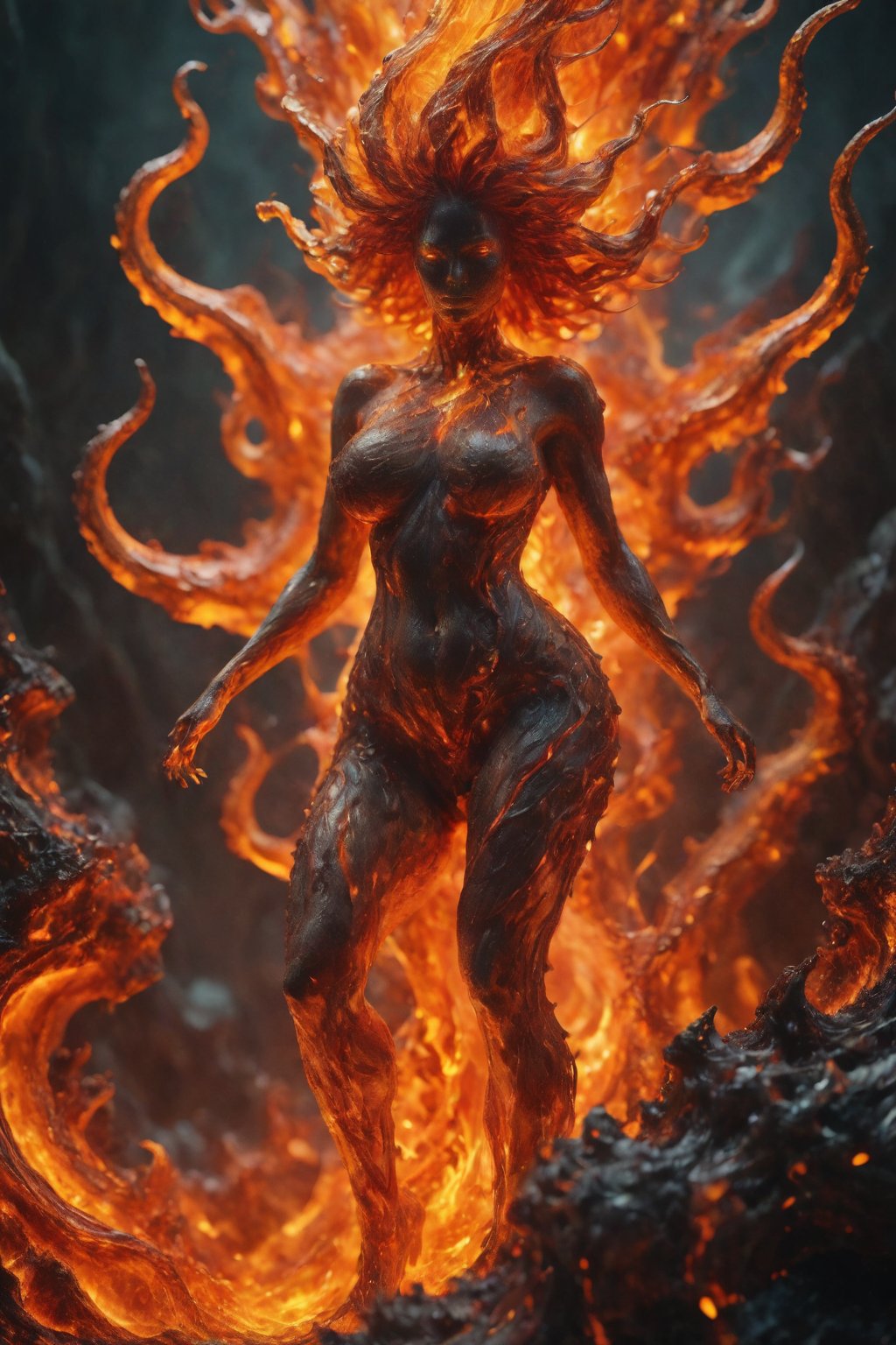 Close-up shot of a female lava monster, her glowing, molten skin reflecting the heat of the Earth's core as she emerges from the depths. Her massive, pear-shaped figure is accentuated by two massive breasts that jut outward, defying gravity and held aloft by a network of glowing, tentacle-like hair. Her body is adorned with countless more of these tentacles, twisting and writhing around her form like a living flame. She stands in a superheroic stance, her legs planted firmly apart, her arms bent at the elbow, hands curled into fists as if she's prepared to unleash an eruption of fiery fury upon the world above. Her eyes, glowing with an inner light, seem to stare out at the world with a mixture of determination and anger. The surrounding lava flows around her, seemingly parting before her as she forces her way to the surface, ready to take on whatever challenges await her on the world above. (highly detailed:1.4), (extremely detailed:1.4), (epic realism:1.4),futuristic alien