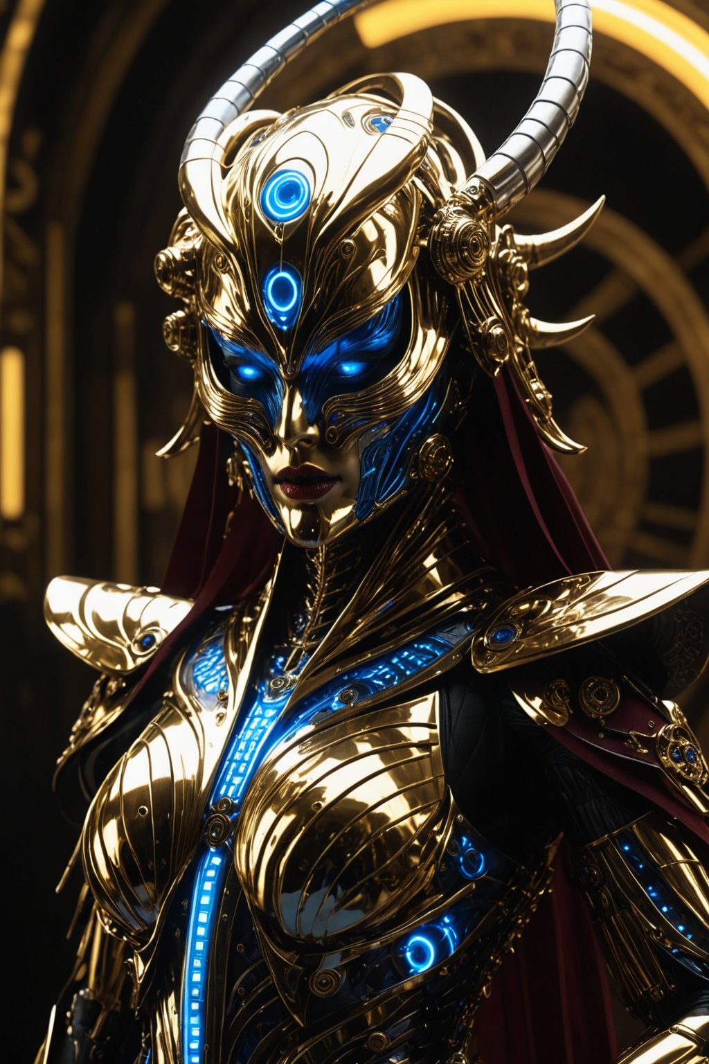 Full body portrait, Futuristic alien woman goddess, Samurai-like mask, in polished chrome armor with glowing blue eyes, gold and burgundy accents, unknown materials, realistic detailed digital painting, cinematic lighting, fantasy, character design by Craig Mullins and H. R. Giger, 4k resolution,futuristic alien