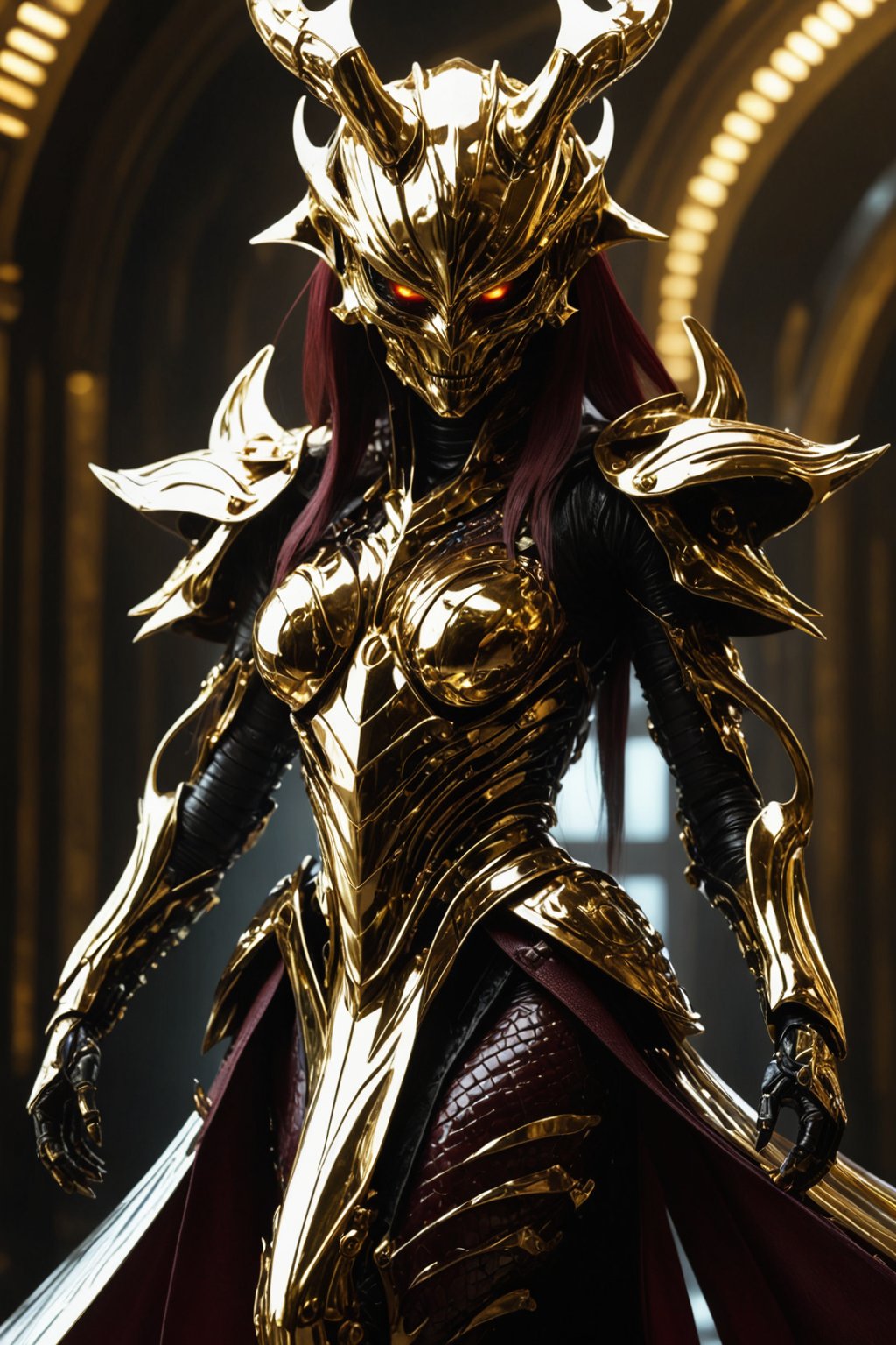 (((Full body portrait))), Futuristic alien woman goddess, Samurai-like mask, in polished chrome armor with glowing reptile-like eyes, gold and burgundy accents, unknown materials, realistic detailed digital painting, cinematic lighting, fantasy, character design by Craig Mullins and H. R. Giger, 4k resolution,futuristic alien