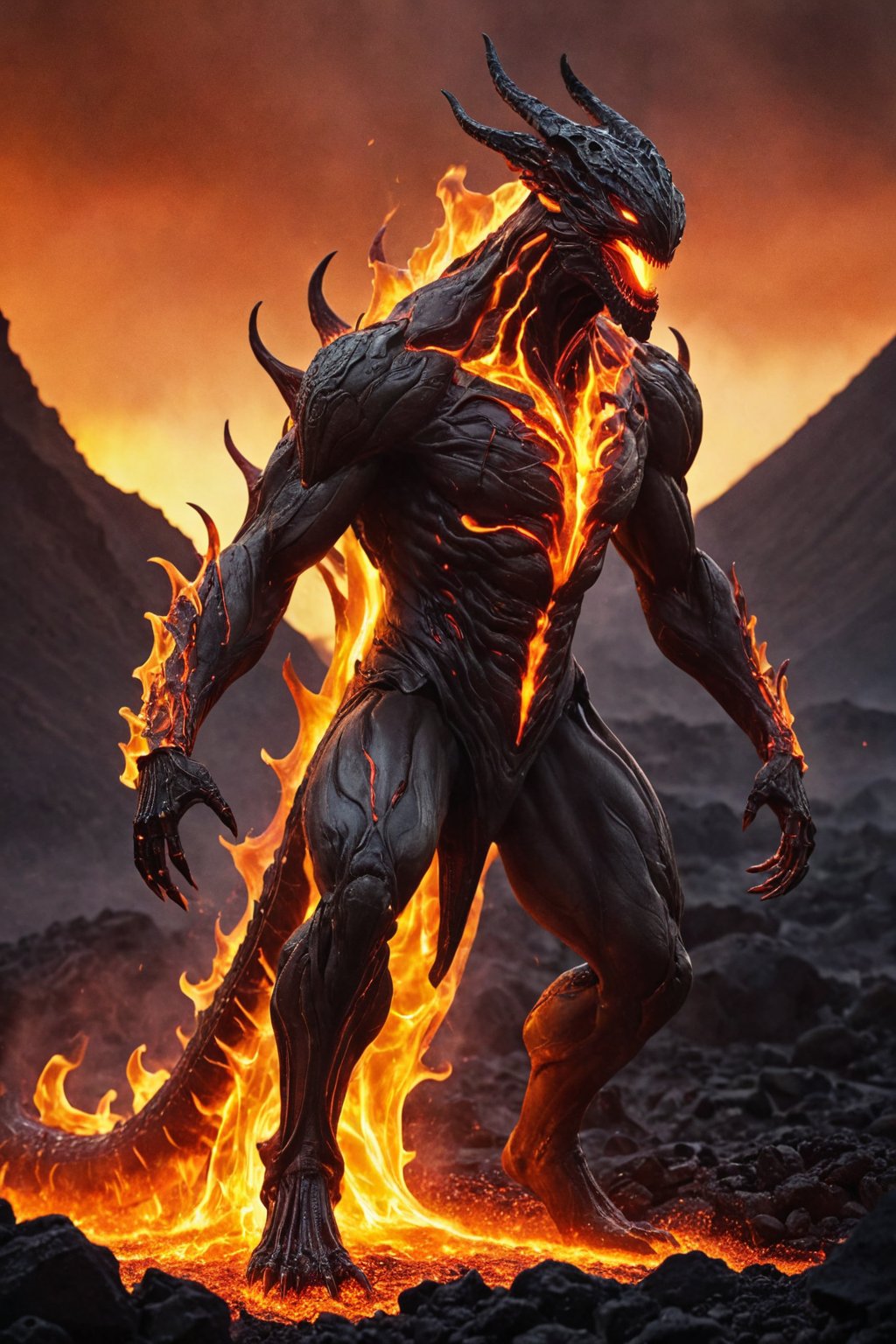 A bizarre and otherworldly creature, seemingly formed from the merging of an alien being and the raw, primal forces of a volcanic eruption. Standing upright on two legs, its long, muscular frame is covered in flowing folds of molten lava, which continuously shift and flow over its contorted body. The creature's head is particularly striking, elongated and distorted into a shape reminiscent of a glowing, red-hot lava lamp. Its eyes, two small, fiery orbs, seem to glow with an intensity that matches the heat emanating from its skin. The lava-encrusted creature's form seems to writhe and twist as it moves, almost as if it were a living embodiment of the chaotic energy of the volcanic eruption that birthed it. Its long, sinuous tail, adorned with razor-sharp spines, lashes back and forth menacingly as it steps forward, revealing the sharp, jagged rocks that make up its lava-coated legs. This futuristic alien, created from the very heart of a Vulcanic eruption, stands as a testament to the terrifying and awe-inspiring power of nature, and the limitless potential for life to adapt and thrive in even the most hostile of environments.,futuristic alien