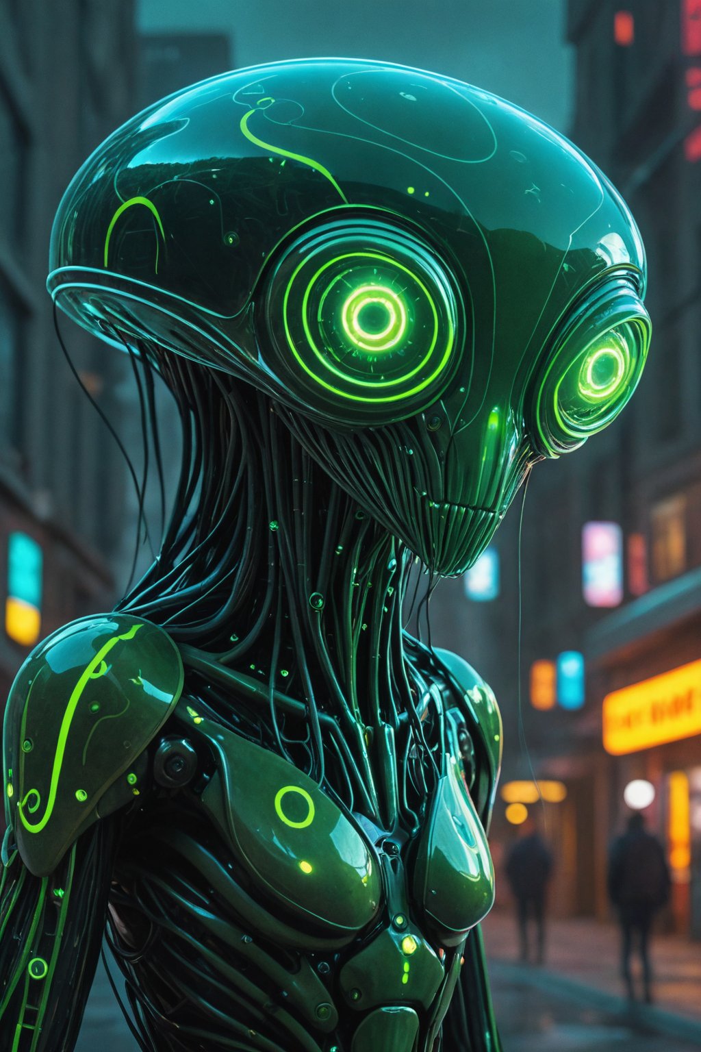 Jellyfish alien with a skinny physique, reptile-like eyes, big round head filled with green glowing circuitry, sci-fi, UHD, futuristic, detailed shading, digital painting by Simon Stålenhag and Alex Jay Brady, cyberpunk background, glowing neon accents, high-tech, solo, alien creature design