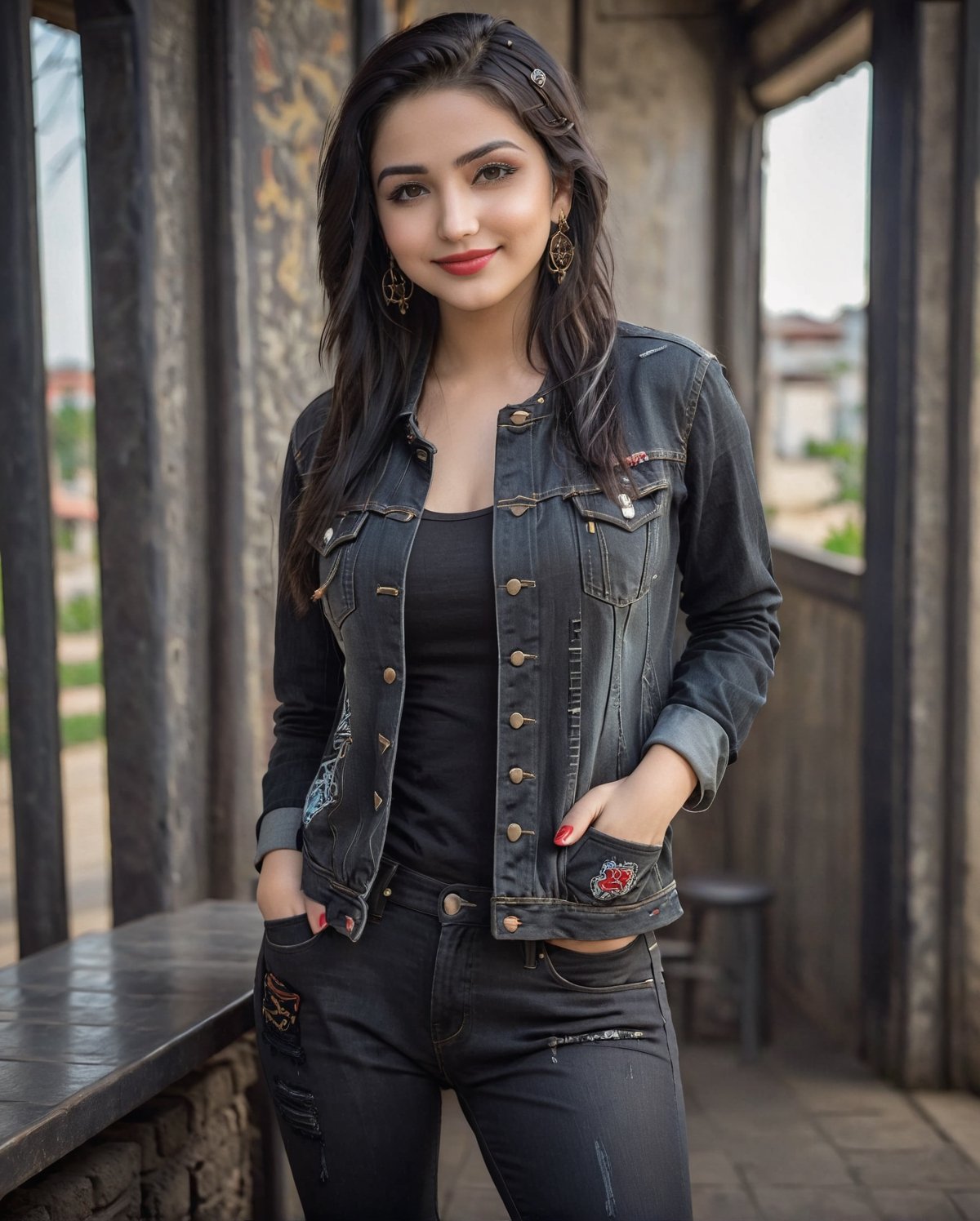 A 18  years young girl wearing denim black jacket and pant, cute face with details, beautiful black eyes, black long hair, smile 0.1, lipstick, earrings, model photoshot, high quality realistic photo,HZ Steampunk, different pose,YamiGautam