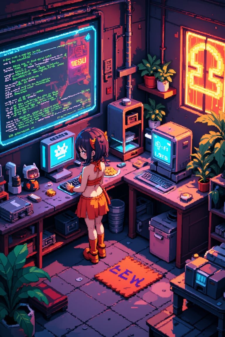 3D pixel art scene, isometric view. Anime-style characters and objects composed of colorful voxels. High contrast lighting with neon accents.

Focal point: Gothic Lolita girl working in a cyberpunk workshop.
- Girl: orange neon color bikini, platform boots, twin-tails hairstyle
- Face: Large pixel eyes, rosy cheeks, small mouth
- Accessories: Pixel bow, chunky jewelry

Cyberpunk workshop details:
- Cluttered workbench with pixelated tools and gadgets
- Holographic screens displaying scrolling code
- 3D printer creating a glowing object
- Exposed neon tubes and cables on walls
- Floating robot assistant with pixelated emotes

Environmental elements:
- Steampunk-inspired gears and pipes in background
- Retro-futuristic computer terminals
- Voxel smoke or steam rising from machinery

Color palette: Deep purples, electric blues, neon pinks, and cyber greens against darker background

Lighting: Dramatic shadows and highlights emphasizing 3D nature of pixels
- Glow effects from screens and neon signs
- Reflection on metallic surfaces

Additional details:
- Pixelated posters of anime characters on walls
- Voxel cat familiar perched on a shelf
- Cubic plants in geometric planters

Animation suggestion (if applicable): Subtle pixel movements like blinking lights, rotating gears, or floating particles,Pixel Art,1girl