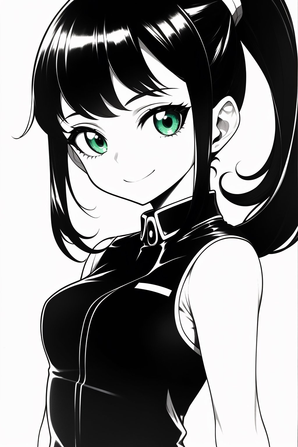 1girl, looking at viewer, smiling, ink monochrome, ponytail, green eyes