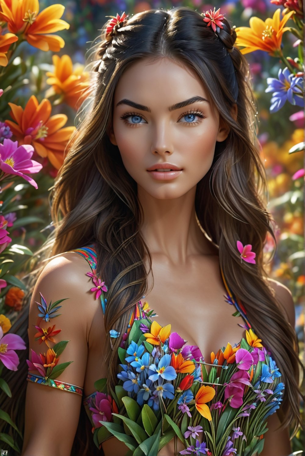 award-winning photo, A beautiful girl, looking like Megan Fox, young woman's sportswear and surrounded by bright colorful flowers, detailed skin, skin pores, magical fantasy, long hair, intricate, sharp focus, highly detailed, 3D, blue eyes, Megan Fox, ral-chrcrts