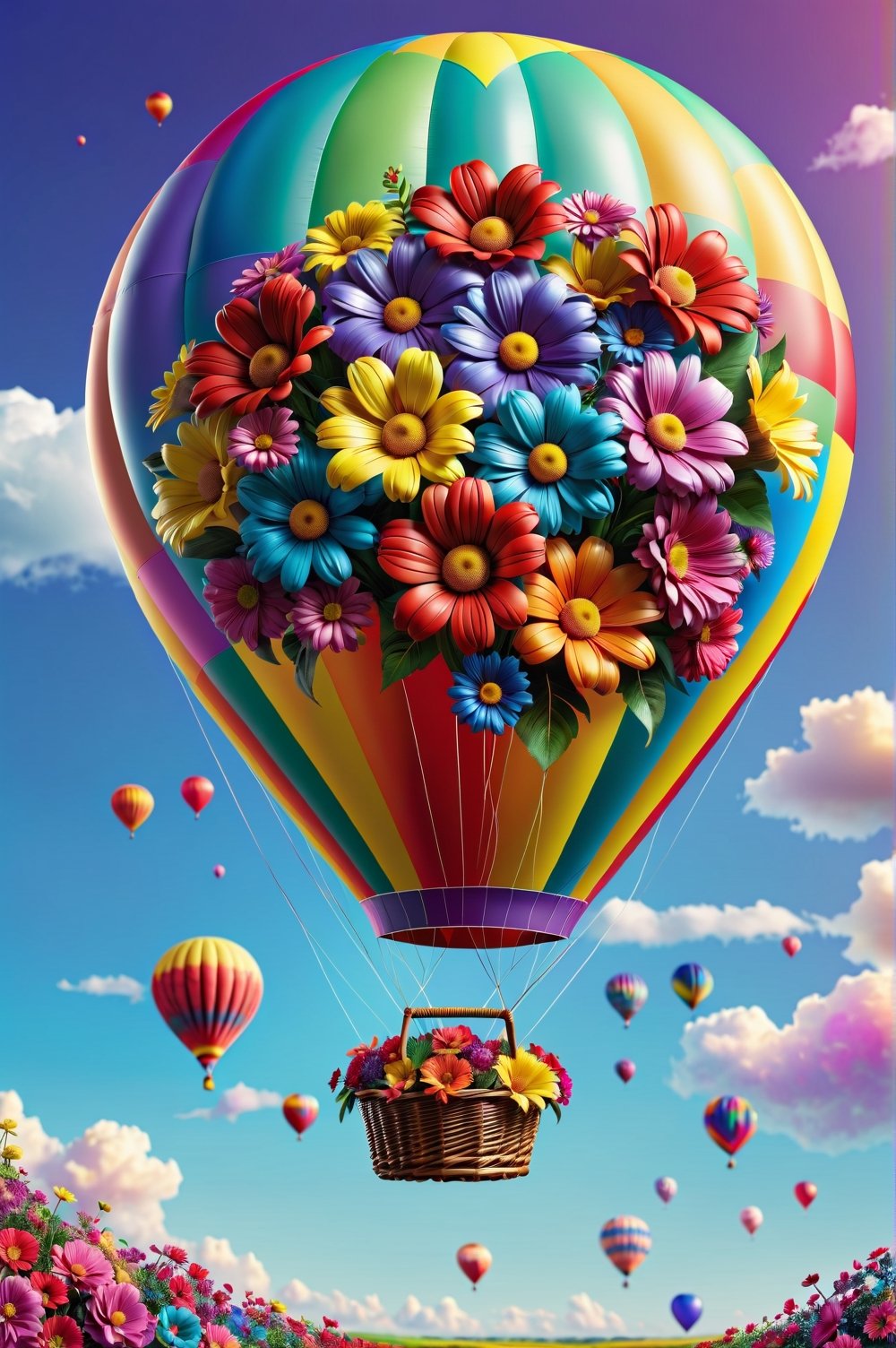 Close-up of an inflated colorful balloon, flying and carrying a basket of colorful flowers. Balloon Explorer, digital rendering, contemporary era, bright colors. Extremely realistic. A memorable 