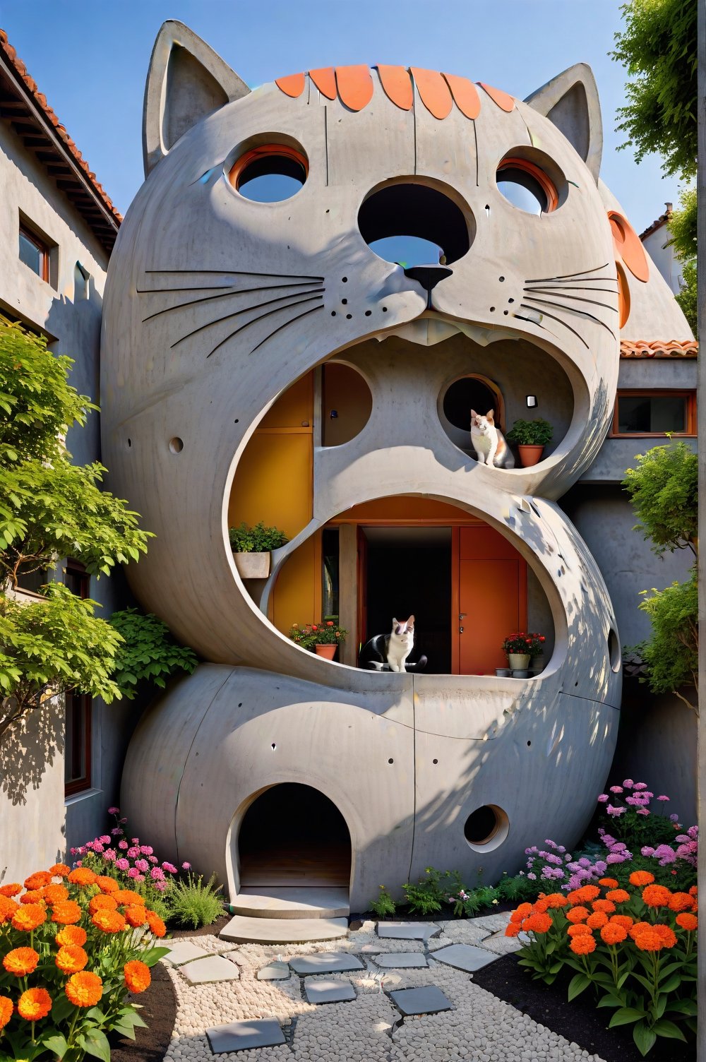 Photo of an external view of a house made for a cat lover. Everything inspired by the shapes of a cat, with emphasis on the giant head and the entrance to the house with bedrooms, living rooms, all inspired and accommodated inside a house that looks like a giant cat made of fine, well-finished concrete. Details inspired by the feline shape and a fun integration of colors. An award-winning photo. Flower garden in the courtyard.,<lora:659095807385103906:1.0>
