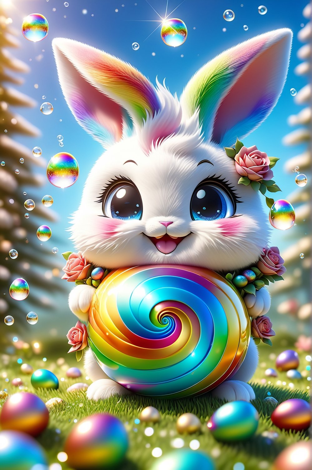 Chibi bunny, smile radiating cuteness, surrounded by roses, gifts, golden seeds, Easter eggs dotting the lawn, clear blue sky overhead, Miki Asai's signature macro photography style, close-up capturing rainbow reflections on soap bubbles, magic amulet glistening, trending on ArtStation, sharp focus at 1.5, studio setting, with Greg Rutkowski's intricate detailing in a 9k resolution image, vibrant, vivid colors, high detail, ultra-realistic