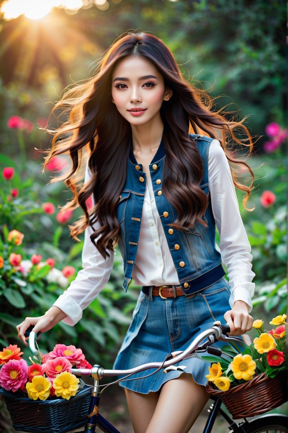 A beautiful girl, similar to Angelababy, on a bicycle carrying a basket of bright colorful flowers, long wavy hair, sun, summer, rays of light, greenery, 15mm, f/215mm, f/2.8, 1/500s, iso2000, high detail, sharp contours, professional photo, 16k. Angelababy.