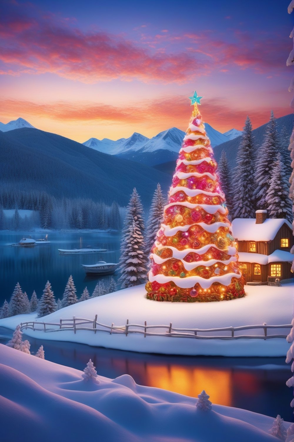 When Christmas arrives, the mind is transported to a stunning landscape with a Christmas tree, where beauty goes beyond ordinary descriptions. This fantasy scene is a spectacle of detailed, high-quality textures, bringing unparalleled precision and realism in high resolution. With precise color adjustments, perfect lighting, and a colorful circular lens effect, the landscape close to the camera lens has vivid yet balanced colors, bright but not overly saturated. Noise reduction and sharp edges provide an immersive visual experience, while the harmonious composition of the scenes elevates the result to the level of award-winning works.