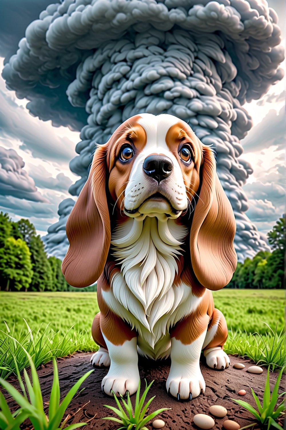 chibi adorable pixar style puppy [Basset Hound], in the middle of the open field worried about the closed weather, dark clouds, as a storm is brewing with a tornado behind, easter environment, photorealistic, cute, hdr, shaded, lens, focus on puppy, lighting, hyper-detailed, filigree, big round detailed eyes, detailed, adorable, Jean Baptiste Monk, Carol Buck, Tyler Edlin, Perfect Composition, Beautifully Detailed, Trending on Artstation, 8K Fine Art Photography, Photorealistic Concept Art, Cinematic Perfect Light volumetric, Natural brightness and contrast, Chiaroscuro, Award-winning photography, Masterpieces, Digital Art, rafael, caravaggio, greg rutkowski, belle, bexinski, giger, children's fairy tale style, bright and vivid colors without saturation.