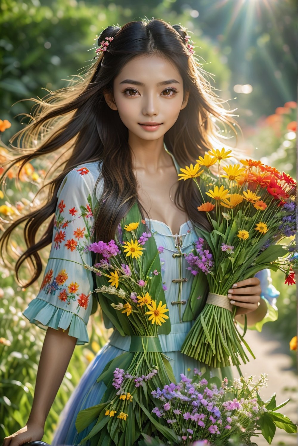a beautiful girl, Angelababy, on a bicycle carries an armful of bright wildflowers, long wavy hair, sun, summer, rays of light, greenery, focus on girl, 15mm, f/215mm, f/2.8, 1/500s, iso2000, high detail, sharp contours, professional photo, 16k. Angelababy