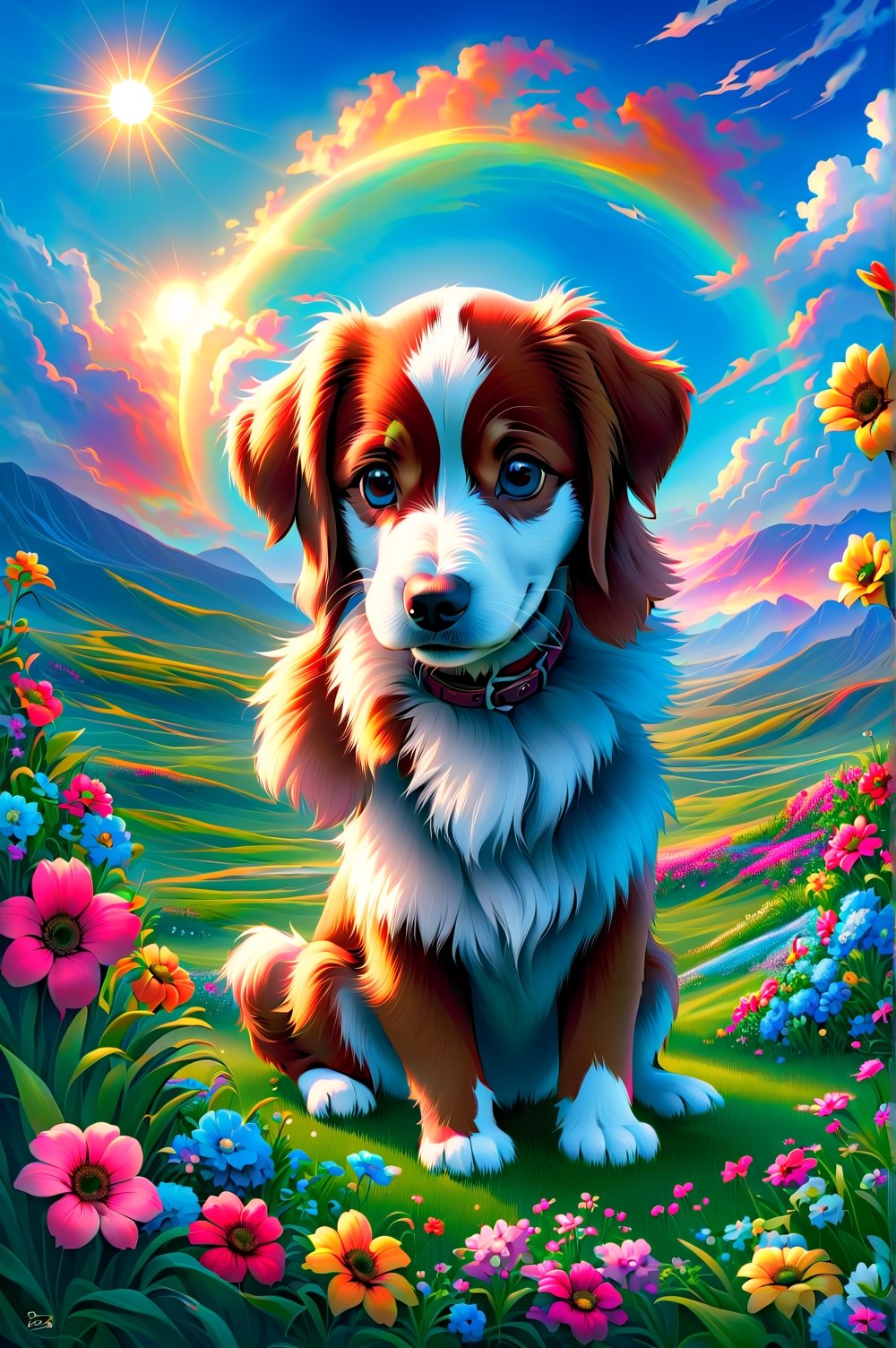 A captivating digital painting of a young Brittany puppy sitting in a comical pose, with its head tilted and an expression of doubt on its face. The puppy's eyes are filled with curiosity, and its fur is rendered with incredible detail and a vibrant sheen. The background showcases a serene spring weather scene, with blooming flowers, a blue sky, and a warm sun. This adorable and heartwarming artwork captures the essence of youthful innocence and the beauty of nature during the onset of spring.