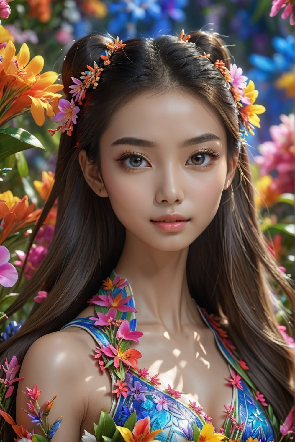 award-winning photo, A beautiful girl, looking like Angelababy, young woman's sportswear and surrounded by bright colorful flowers, detailed skin, skin pores, magical fantasy, long hair, intricate, sharp focus, highly detailed, 3D, blue eyes, Angelababy, ral-chrcrts