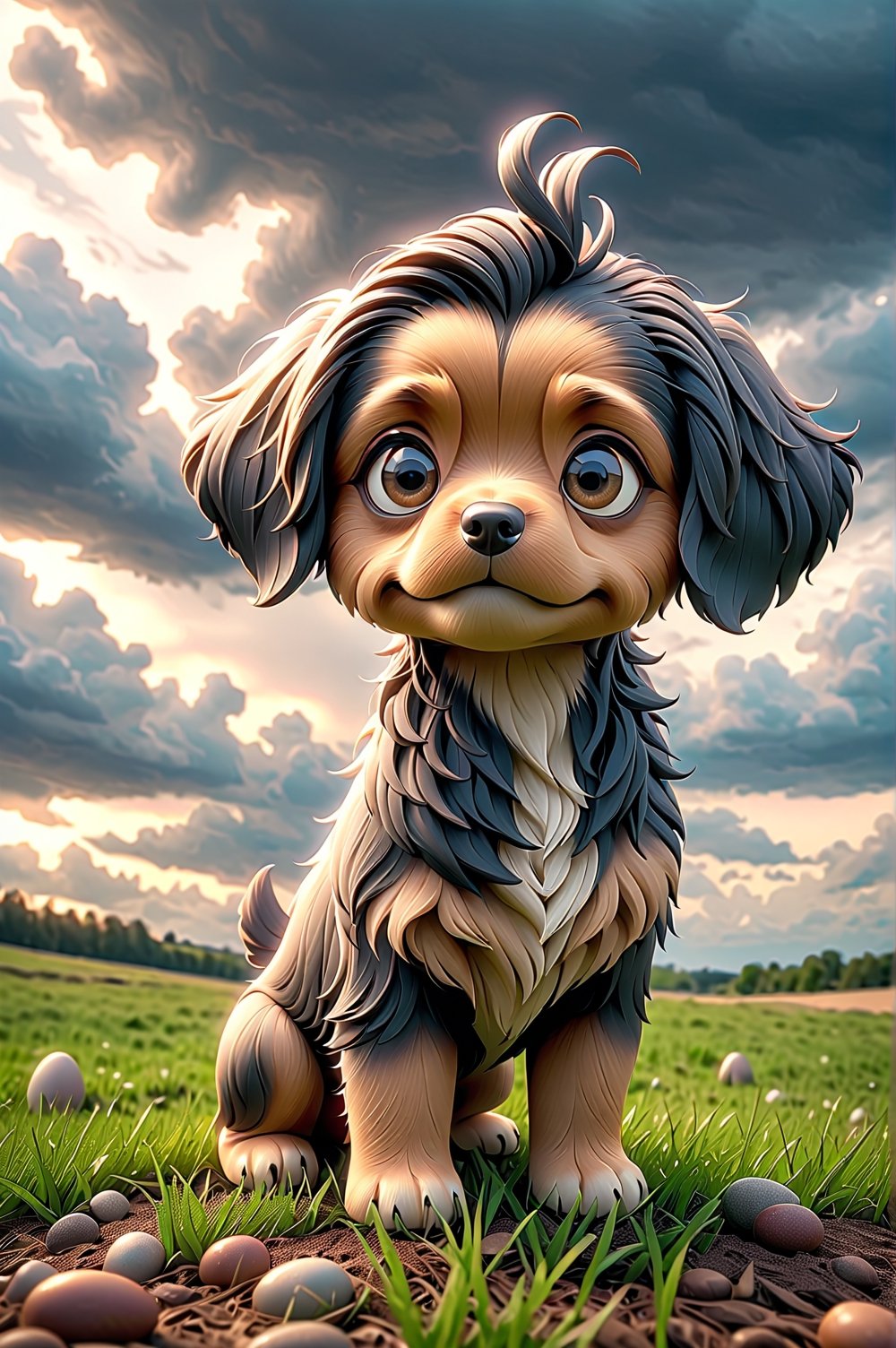 chibi adorable pixar style puppy [Pointer], in the middle of the open field worried about the closed weather, dark clouds, as a storm is brewing with a tornado behind, easter environment, photorealistic, cute, hdr, shaded, lens, focus on puppy, lighting, hyper-detailed, filigree, big round detailed eyes, detailed, adorable, Jean Baptiste Monk, Carol Buck, Tyler Edlin, Perfect Composition, Beautifully Detailed, Trending on Artstation, 8K Fine Art Photography, Photorealistic Concept Art, Cinematic Perfect Light volumetric, Natural brightness and contrast, Chiaroscuro, Award-winning photography, Masterpieces, Digital Art, rafael, caravaggio, greg rutkowski, belle, bexinski, giger, children's fairy tale style, bright and vivid colors without saturation.
