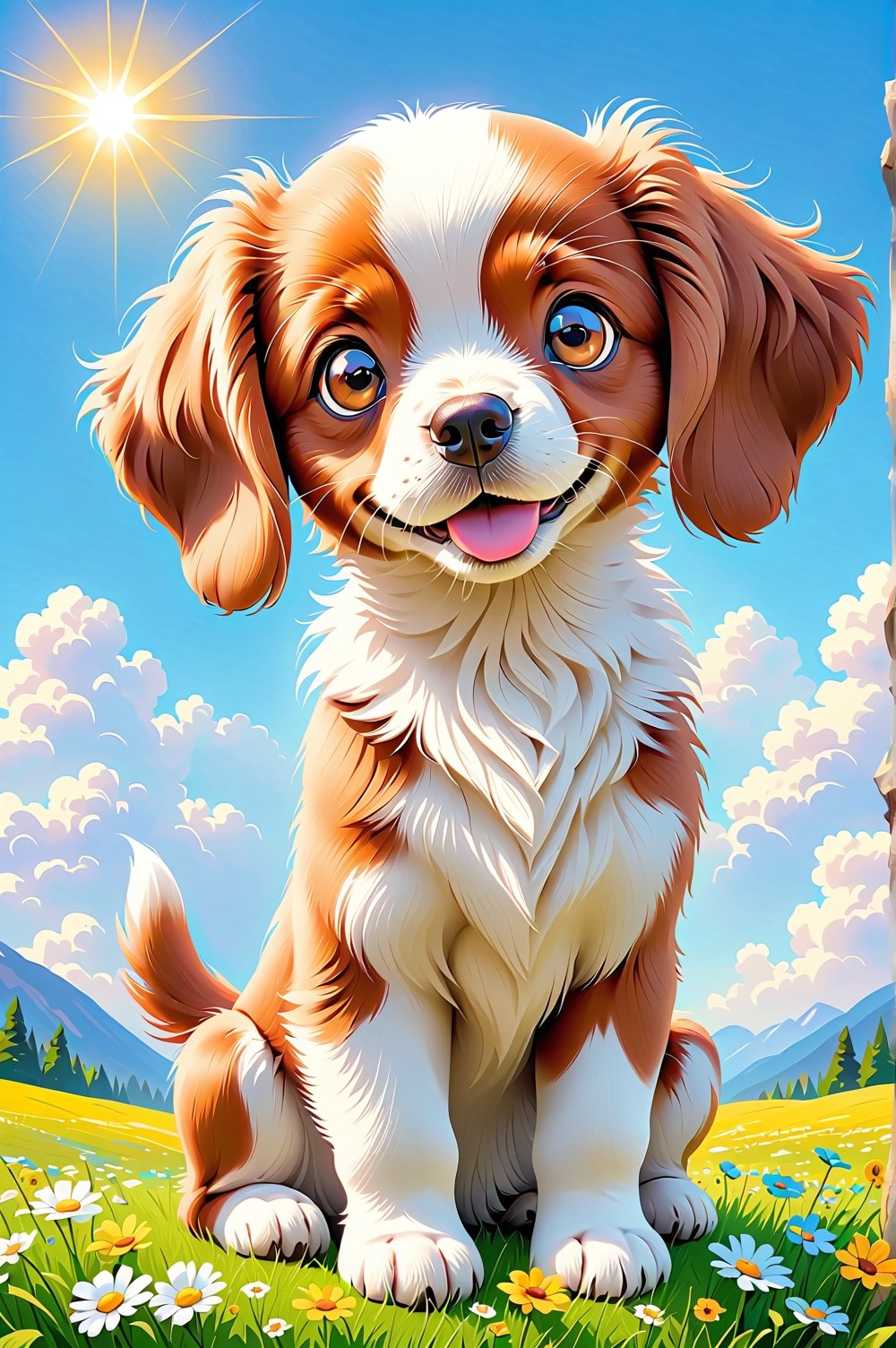 A captivating digital painting of a young Brittany puppy sitting in a comical pose, with its head tilted and an expression of doubt on its face. The puppy's eyes are filled with curiosity, and its fur is rendered with incredible detail and a vibrant sheen. The background showcases a serene spring weather scene, with blooming flowers, a blue sky, and a warm sun. This adorable and heartwarming artwork captures the essence of youthful innocence and the beauty of nature during the onset of spring.