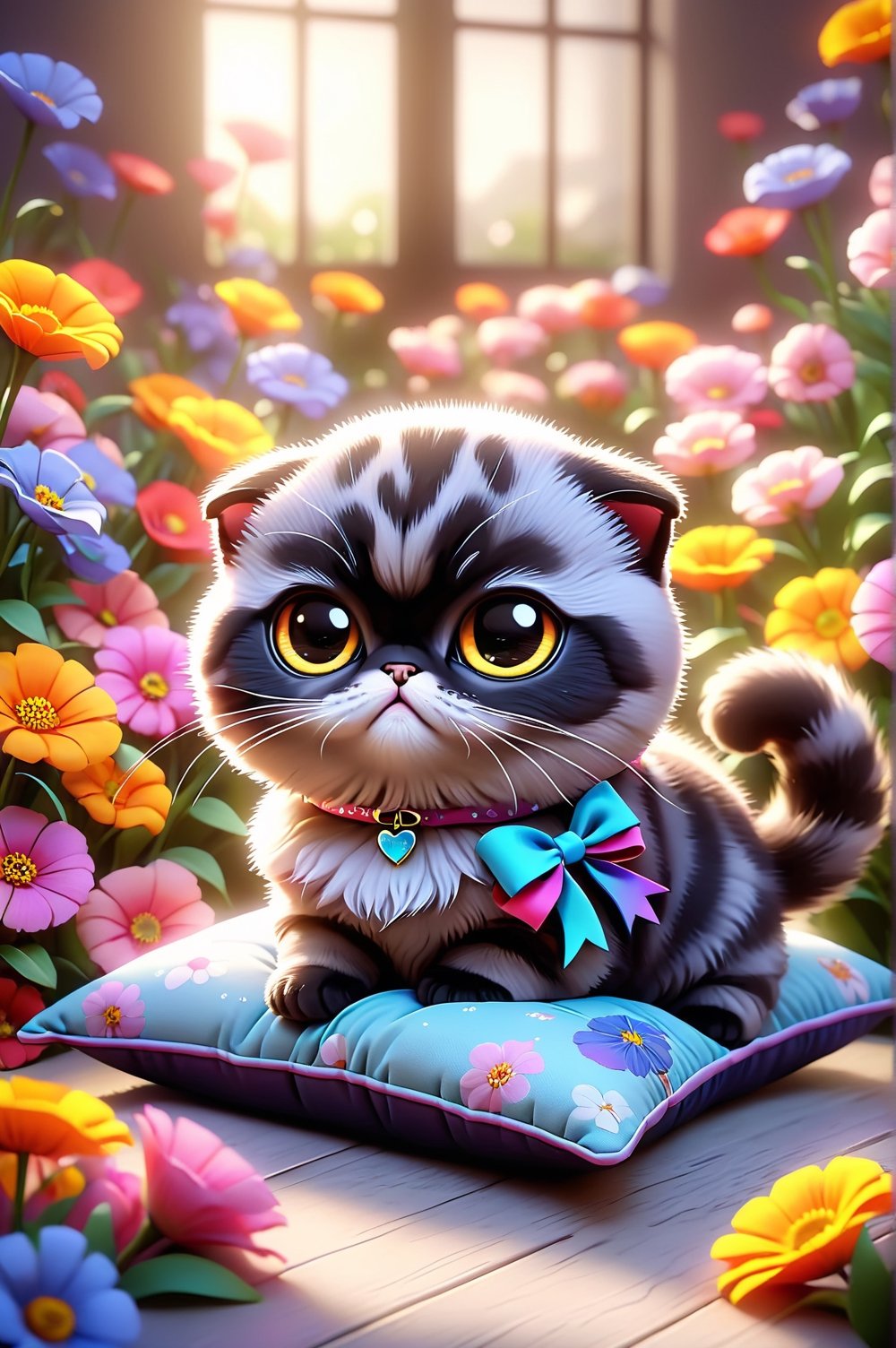 Cute drawing, beautiful chibi kitten (Scottish Fold) sitting on a monochromatic cushion, with a bow around its neck, surrounded by colorful flowers. Pixar style, 12K, bright and vivid colors, defined edges, high quality, HD, octane rendering, cinematic lighting, 2.5d cgi anime fantasy art, realistic drawing, cartoon painting, award-winning rendering.