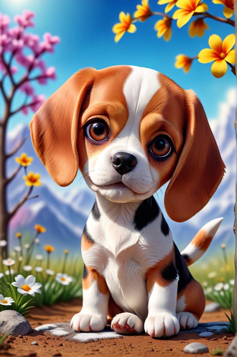 There is a little dog (Beagle race) sitting in a funny pose,  beautiful digital painting,  cute digital art,  cute little dog,  cute detailed digital art,  adorable and cute,  very cute little dog,  a cute little dog,  beautiful 3D rendering,  cute little dog,  cute and adorable,  visual image of a cute and adorable puppy. Spring weather in the background.,,chibi,,,,<lora:659095807385103906:1.0>,<lora:659095807385103906:1.0>