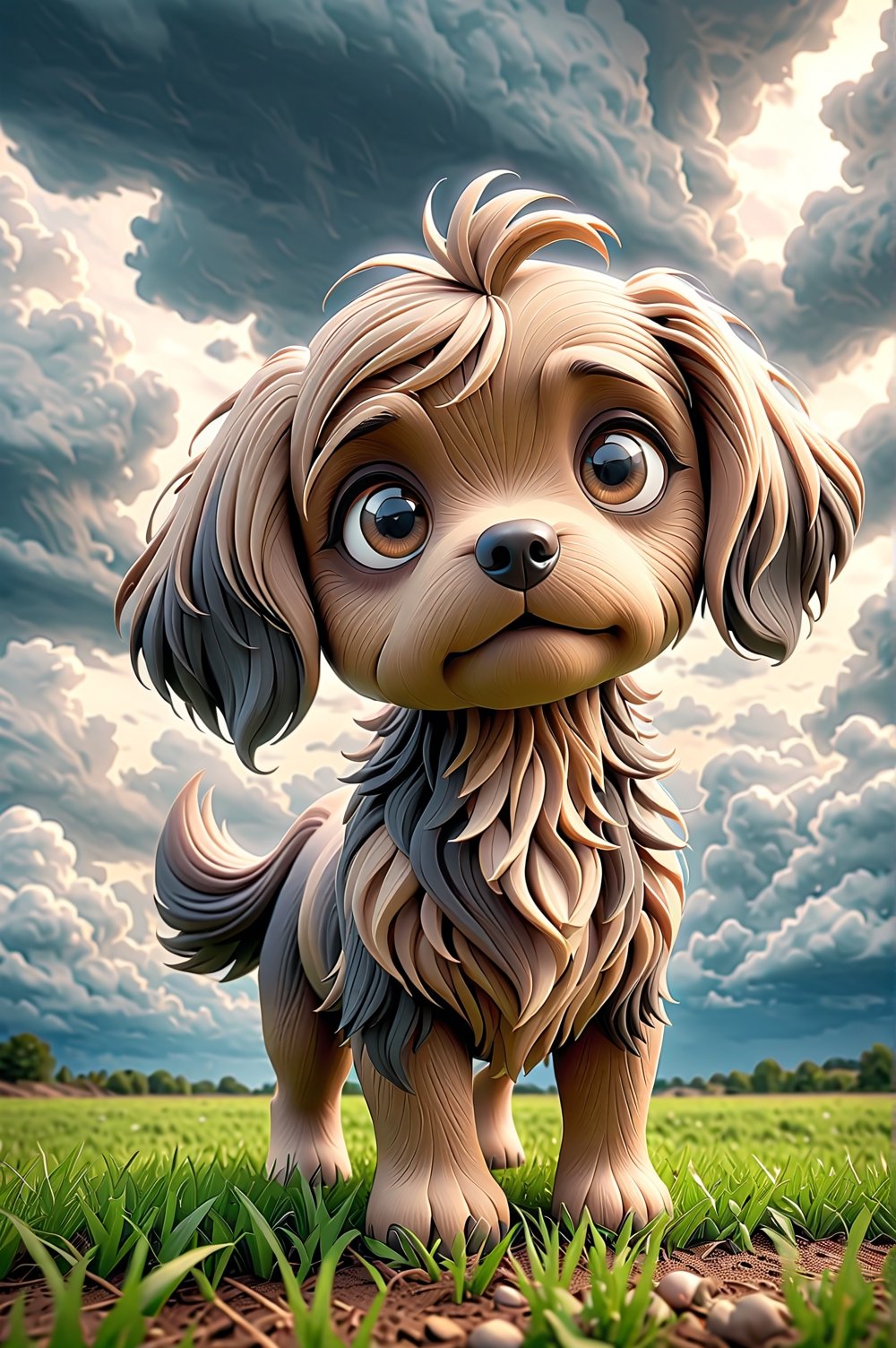 chibi adorable pixar style puppy [Harrier], in the middle of the open field worried about the closed weather, dark clouds, as a storm is brewing with a tornado behind, easter environment, photorealistic, cute, hdr, shaded, lens, focus on puppy, lighting, hyper-detailed, filigree, big round detailed eyes, detailed, adorable, Jean Baptiste Monk, Carol Buck, Tyler Edlin, Perfect Composition, Beautifully Detailed, Trending on Artstation, 8K Fine Art Photography, Photorealistic Concept Art, Cinematic Perfect Light volumetric, Natural brightness and contrast, Chiaroscuro, Award-winning photography, Masterpieces, Digital Art, rafael, caravaggio, greg rutkowski, belle, bexinski, giger, children's fairy tale style, bright and vivid colors without saturation.