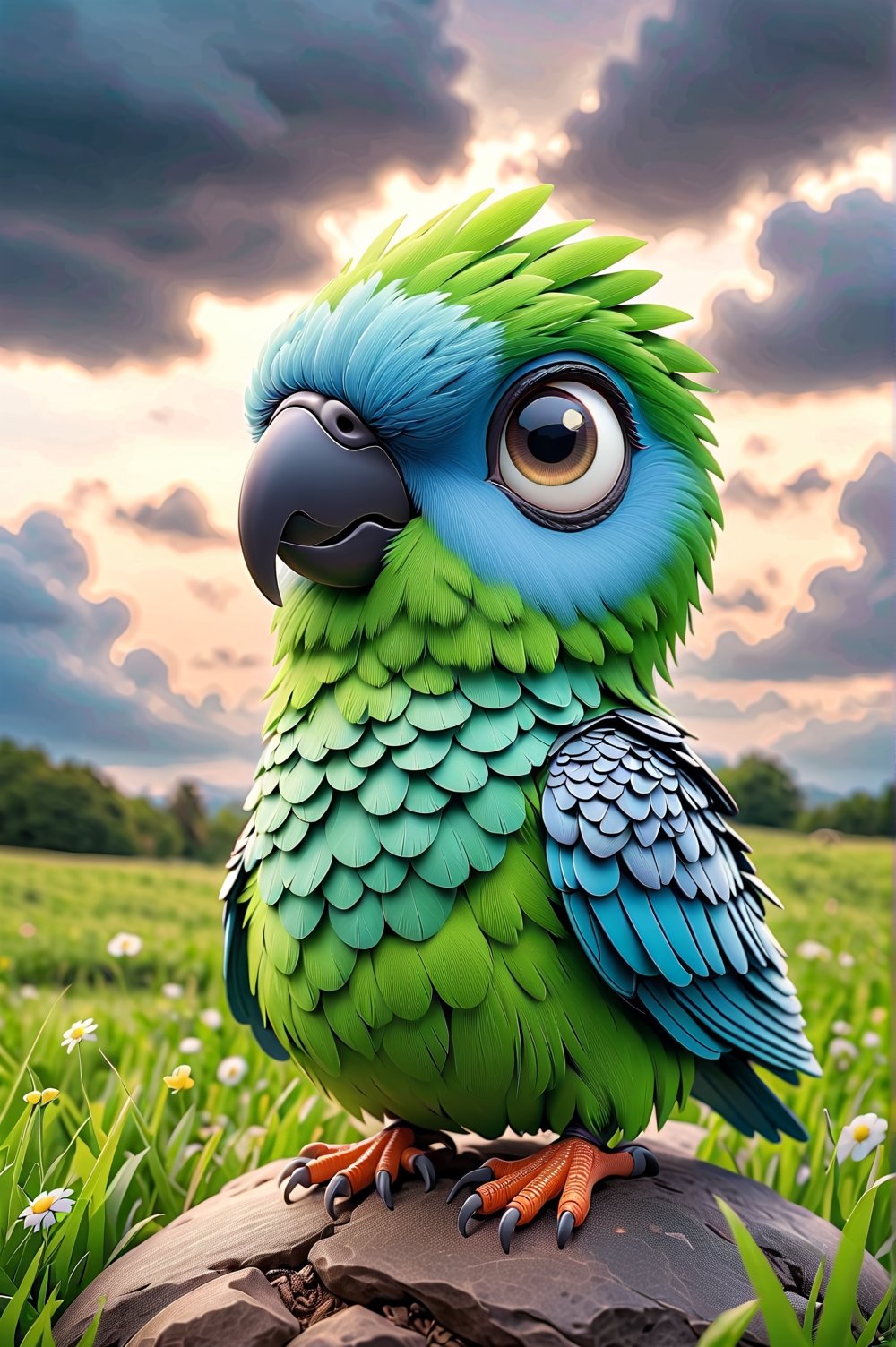adorable chibi pixar style parrot in the middle of the open field worried about the closed weather, dark clouds, as a storm is brewing with a tornado behind, easter environment, photorealistic, cute, hdr, shaded, lens, focus on the chibi, lighting, hyper-detailed, filigree, big round detailed eyes, detailed, adorable, Jean Baptiste Monk, Carol Buck, Tyler Edlin, Perfect Composition, Beautifully Detailed, Trending on Artstation, 8K Fine Art Photography, Photorealistic Conceptual Art, Volumetric Cinematic Perfect Light, Gloss and natural contrasts, Chiaroscuro, Award-winning photography, Masterpieces, Digital Art, rafael, caravaggio, greg rutkowski, belle, bexinski, giger, children's fairy tale style, bright and vivid colors without saturation.