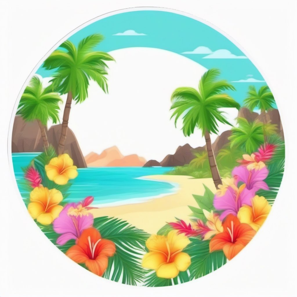 a colorful tropical island with palm trees and flowers in a circle, floral, tropical paradise, tropical mood, sticker - art, tropical island. White Background