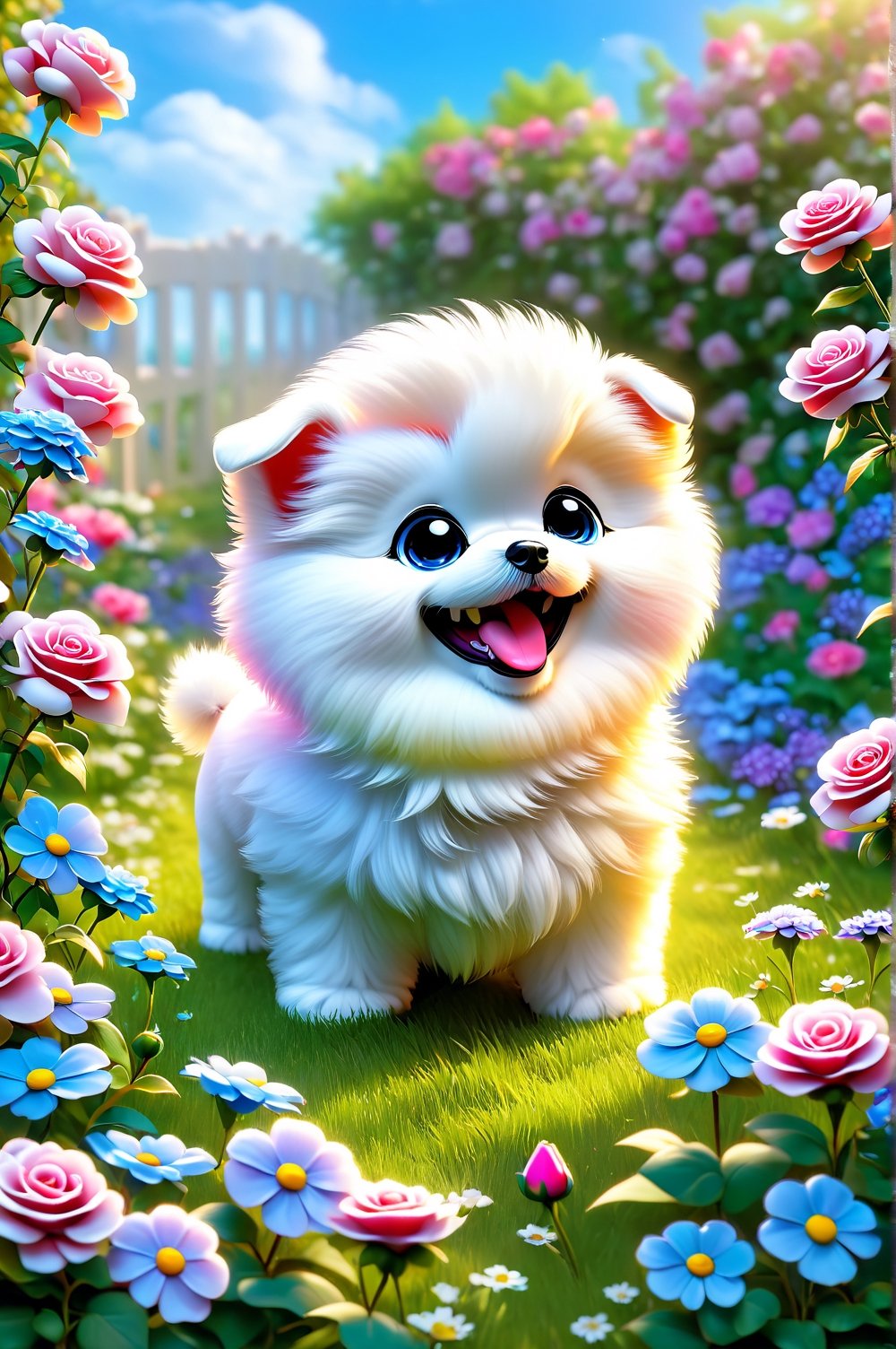 Chibi de um cachorrinho fofo e pitoresco [Bichon Frizé] com um sorriso super fofo. rosas, no centro de um jardim de flores coloridas, céu azul, arco-íris, super detalhado, tendências no artstation, foco nítido 1.5, fotografia de estúdio, detalhes intrincados, alto detalhe, Greg Rutkowski 9k