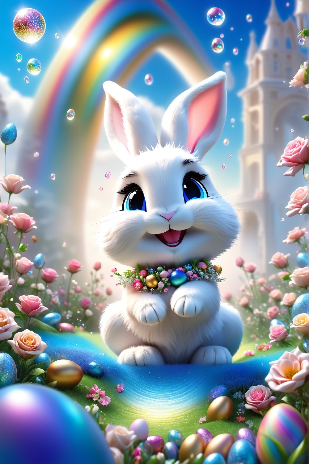 Chibi bunny (bunny fur:1.5) smiling charmingly, nestled among roses, gifts and golden seeds, framed by a verdant lawn dotted with Easter eggs, against a backdrop of blue skies and rainbow arches with floating soap bubbles, in a charmingly pose, photographed by Miki Asai with macro lens precision, trending on ArtStation with Greg Rutkowski's detailed fantasy style in 9k resolution, sharp focus aperture F 1.5, intricate details, setting studio photography, ultra high