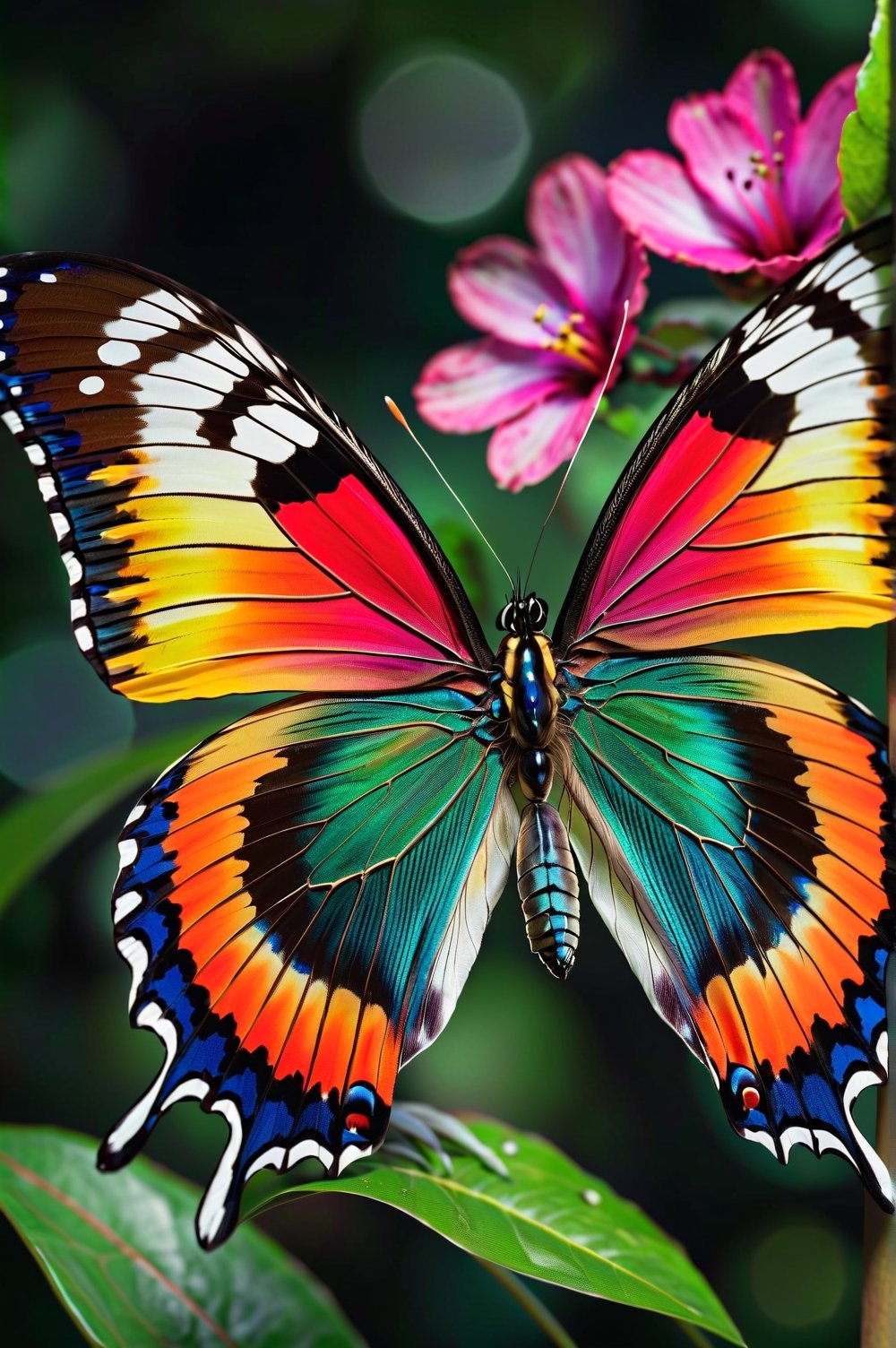 A lush, multicolored butterfly looking straight at the camera in a stunning close-up. Captured in stunning 8K resolution, this image is a hyper-realistic work of art that incorporates Miki Asai's macro photography technique. Every detail is meticulously highlighted, making this photograph a high-definition masterpiece. Composed by Greg Rutkowski, this image is making waves on ArtStation due to its studio quality, sharp focus, and intricate details that make it truly exceptional.