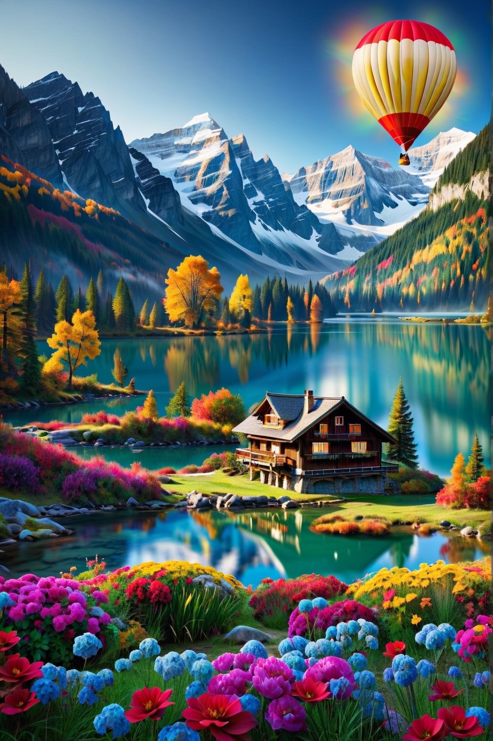 As [autumn] approaches, the mind is transported to a stunning setting, a chalet at the foot of the mountain, on the edge of a crystal clear lake that reflects a beautiful giant balloon colored with many seasonal flowers, which looks like something out of a fairy tale. This landscape is so magnificent that it transcends words. Textured details in high quality and resolution bring exceptional precision and realism to portray the joy of the season. With meticulous color adjustments and perfect lighting, images capture the mood with low noise and sharp edges, creating harmonious compositions that are truly award-winning works.