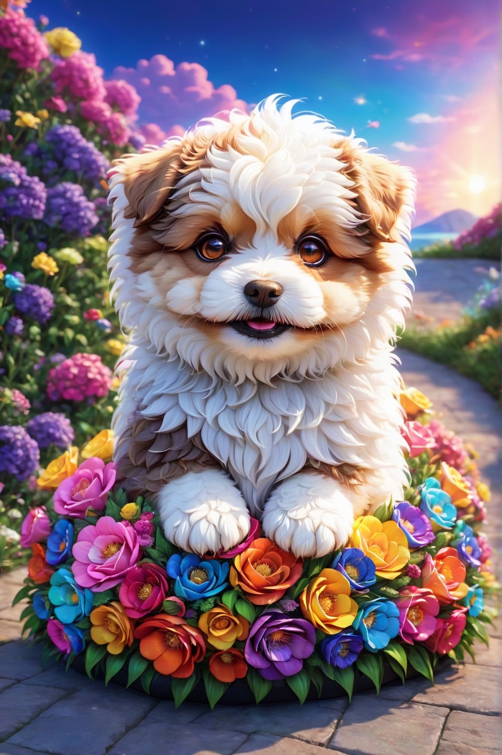 (masterpiece, best quality, ultra-detailed, 8K), high detail, realisitc detailed, Charming and happy little puppy [Bicho Frise] Chibi, in the dark, colorful roses wreath, brown eyes, eye contact, short and soft skin, kind smile, details of colorful flowers, a serene and contemplative rainbow in the sky, day sky background, chibi