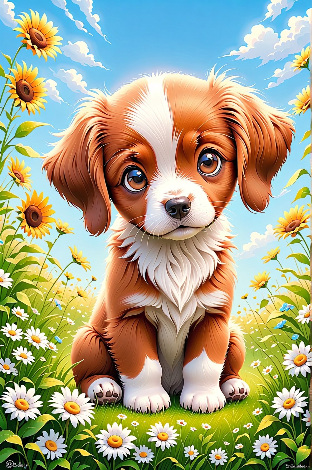 A captivating digital painting of a young Brittany puppy sitting in a comical pose, with its head tilted and an expression of doubt on its face. The puppy's eyes are filled with curiosity, and its fur is rendered with incredible detail and a vibrant sheen. The background showcases a serene spring weather scene, with blooming flowers, a blue sky, and a warm sun. This adorable and heartwarming artwork captures the essence of youthful innocence and the beauty of nature during the onset of spring.