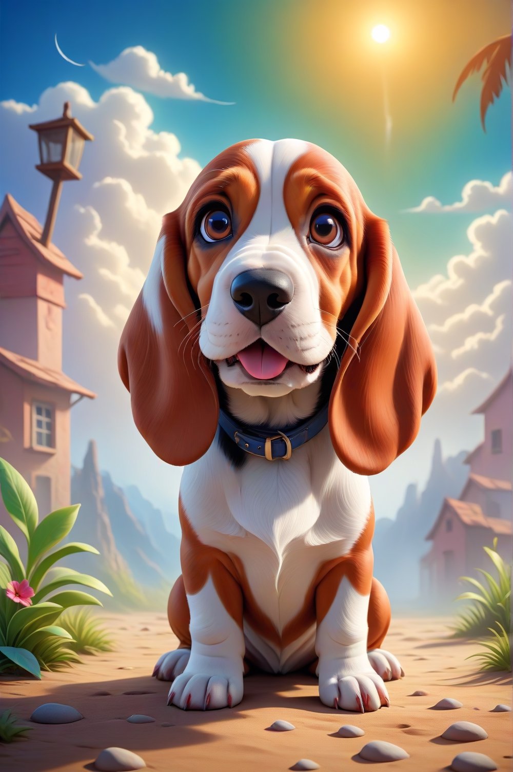 There is a little puppy (Basset Hound) sitting in a funny pose,  beautiful digital painting,  cute digital art,  cute little dog,  cute detailed digital art,  adorable and cute,  very cute little dog,  a cute little dog,  beautiful 3D rendering,  cute little dog,  cute and adorable,  visual image of a cute and adorable puppy. Summer weather in the background.,,<lora:659095807385103906:1.0>