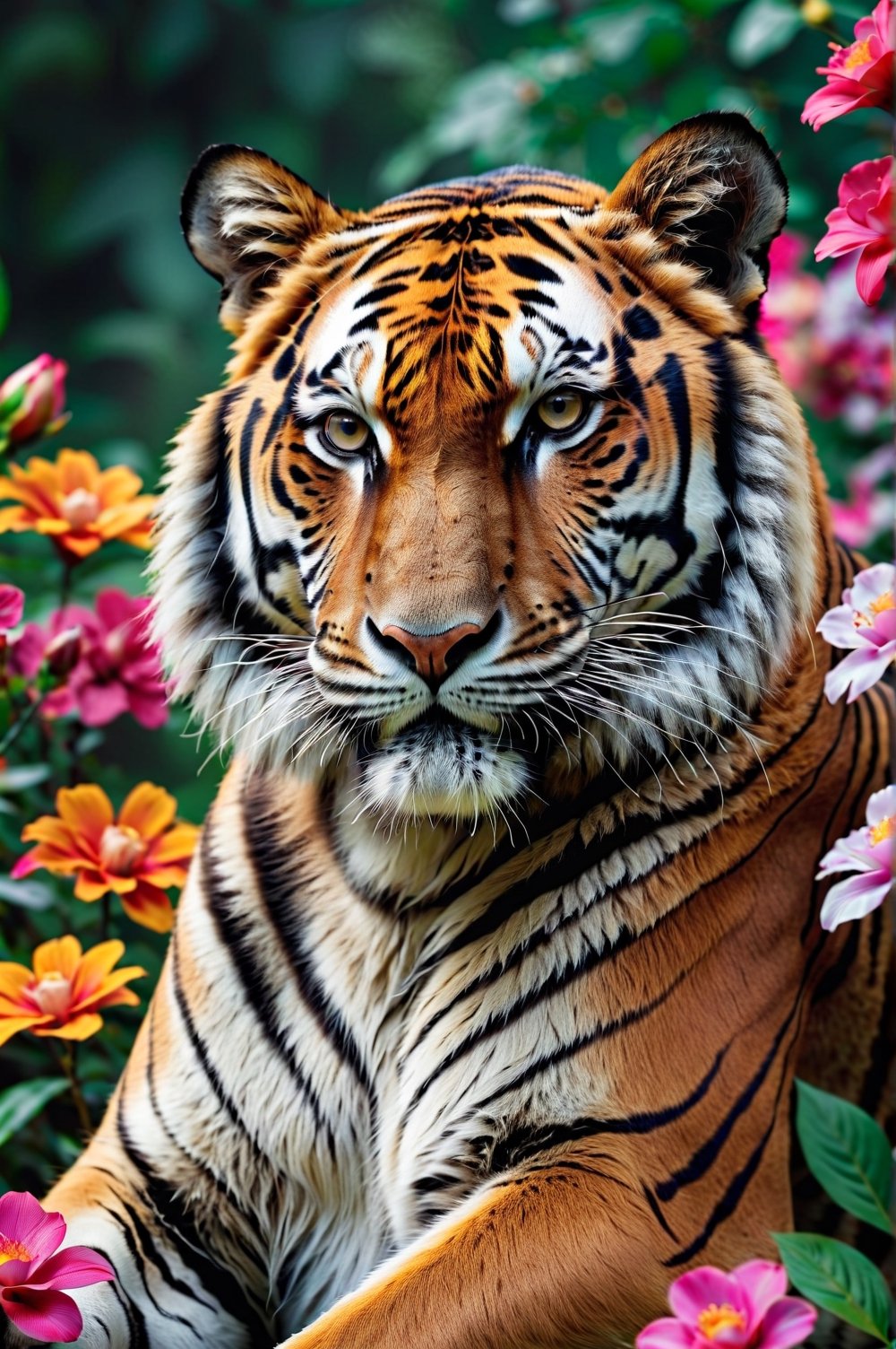 Close-up of majestic tiger in graceful pose in three-quarter view, colorful flowers around. Extremely realistic. A memorable photo.