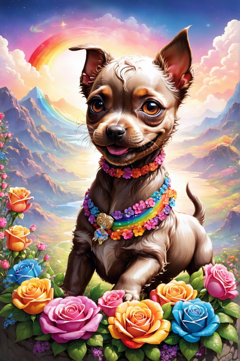 (masterpiece, best quality, ultra-detailed, 8K), high detail, realisitc detailed, Charming and happy little puppy [American Hairless Terrier] Chibi, in the dark, colorful roses wreath, brown eyes, eye contact, short and soft skin, kind smile, details of colorful flowers, a serene and contemplative rainbow in the sky, day sky background, chibi