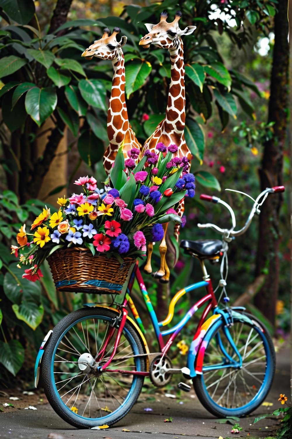 araffe with a basket of flowers on a bicycle, carrying flowers, full of flowers, flowers!!!!, beautiful flowers, colourful, full of colors, made of flowers, very colourful, full of color, full of colour, !!natural beauty!!, very beautiful photo, covered with flowers, beautiful colorful, full of colours, wow it is beautiful, beautiful and colorful