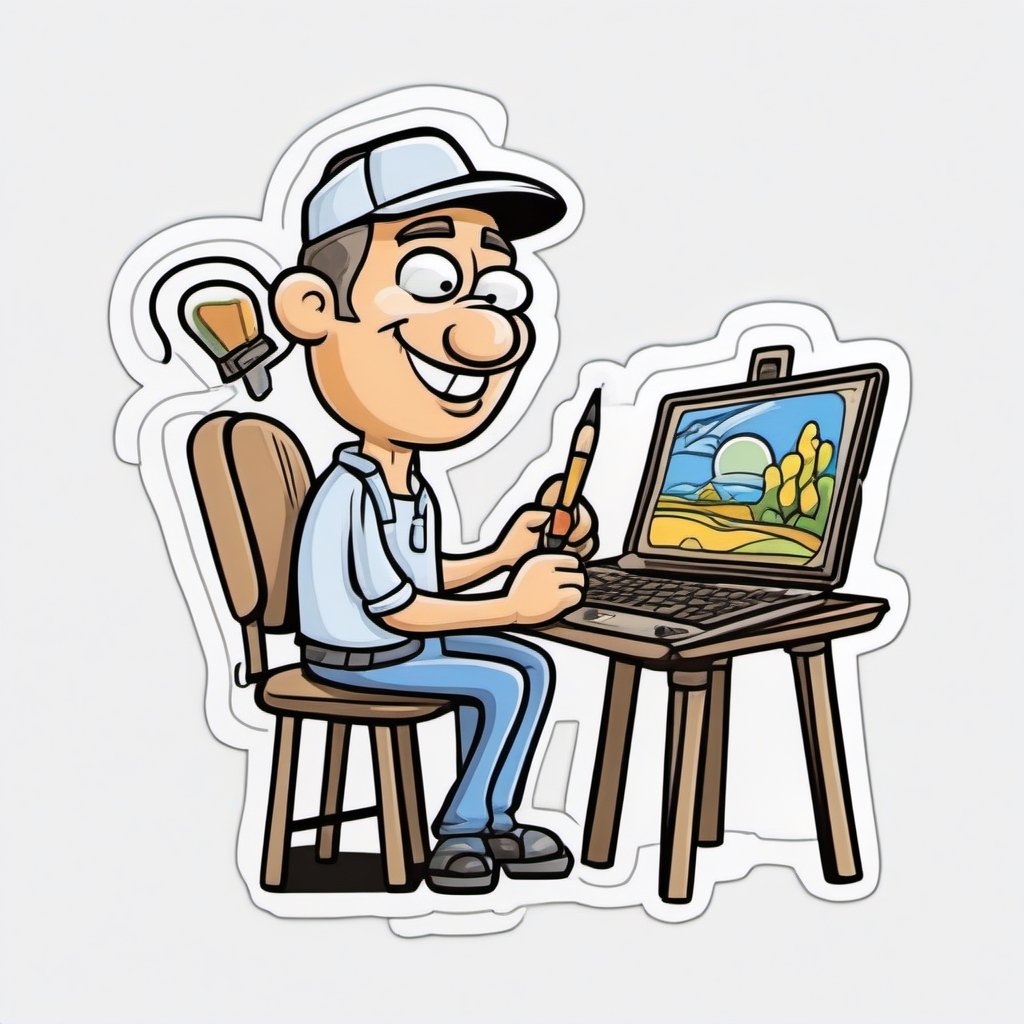 sticker, painter painting on computer, cartoon, contours