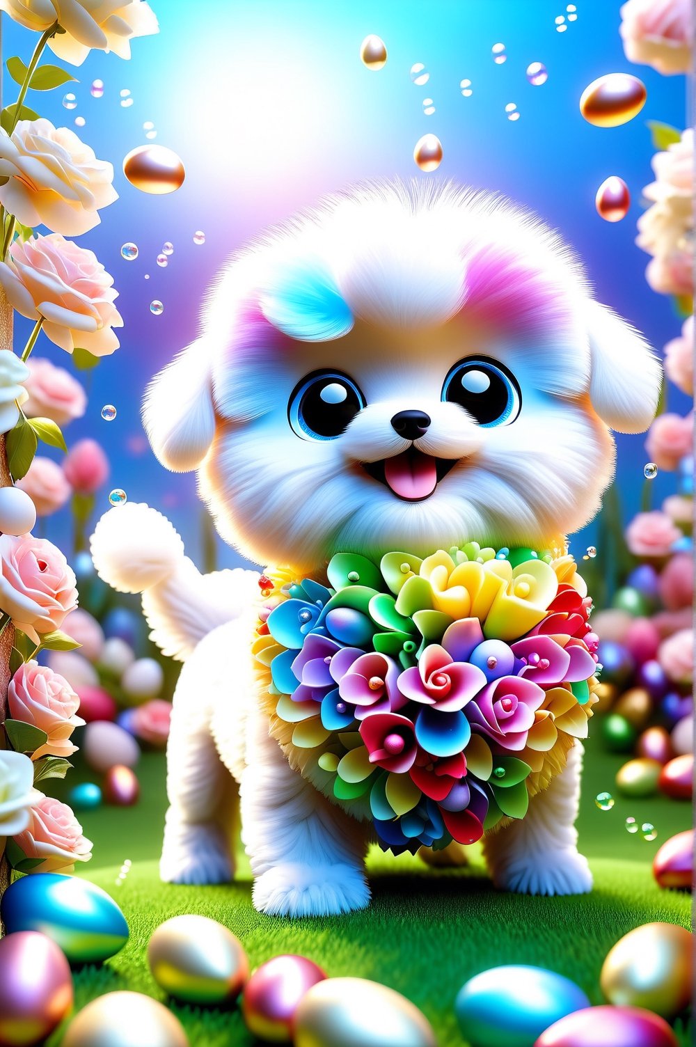 Charming and happy little puppy [Bichon Frizé] Chibi, nestled among roses, framed by a lush green lawn dotted with Easter eggs, against a backdrop of blue sky and rainbow arches with floating soap bubbles, in a pose on all fours, Photographed by Miki Asai with macro lens precision, trending on ArtStation with Greg Rutkowski's detailed fantasy style in 9k resolution, sharp F 1.5 focus aperture, intricate details, studio photography setting, ultra high