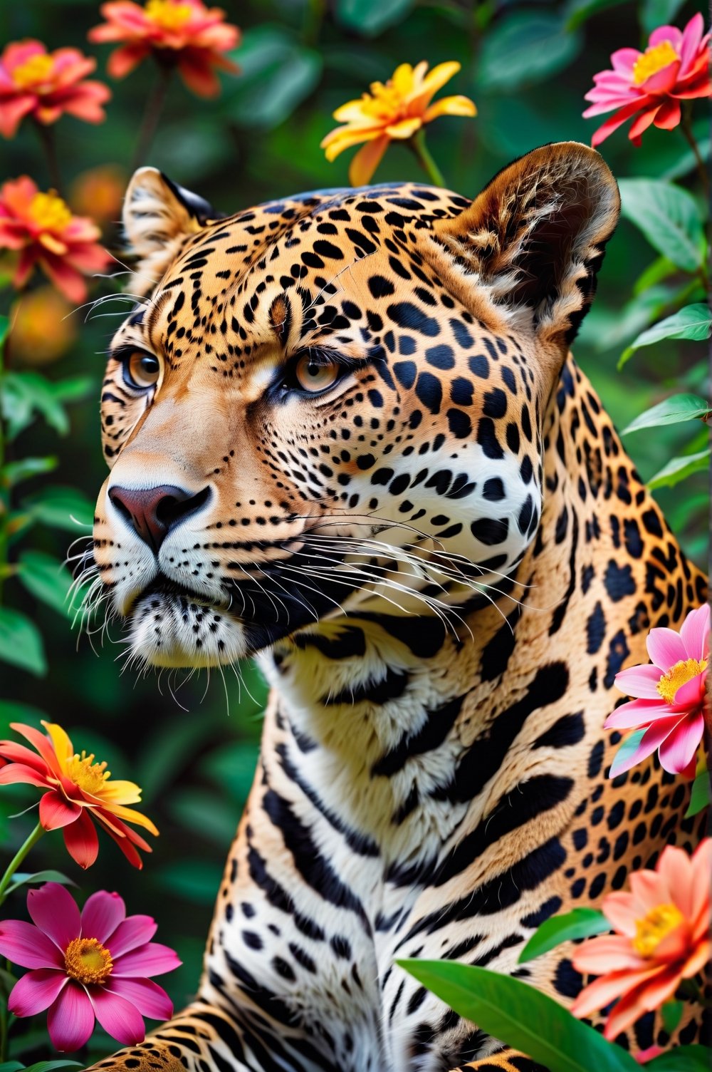 Close-up of a cute jaguar in graceful pose in three-quarter view,  colorful flowers around. Extremely realistic. A memorable photo.,Flora