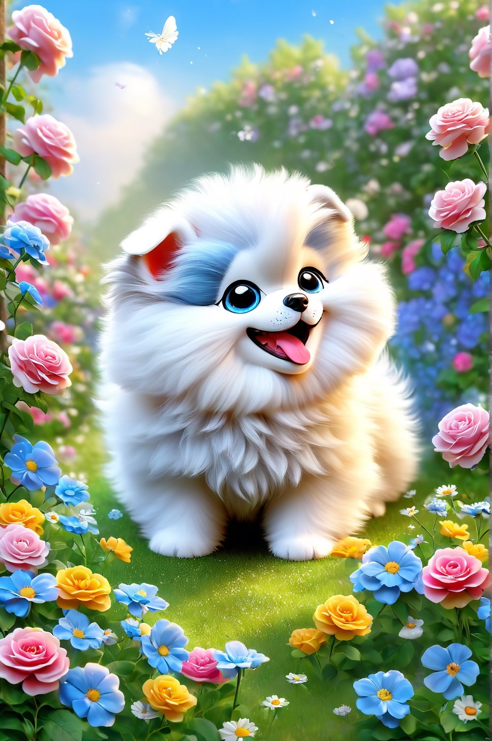 Chibi de um cachorrinho fofo e pitoresco [Bichon Frizé] com um sorriso super fofo. rosas, no centro de um jardim de flores coloridas, céu azul, arco-íris, super detalhado, tendências no artstation, foco nítido 1.5, fotografia de estúdio, detalhes intrincados, alto detalhe, Greg Rutkowski 9k