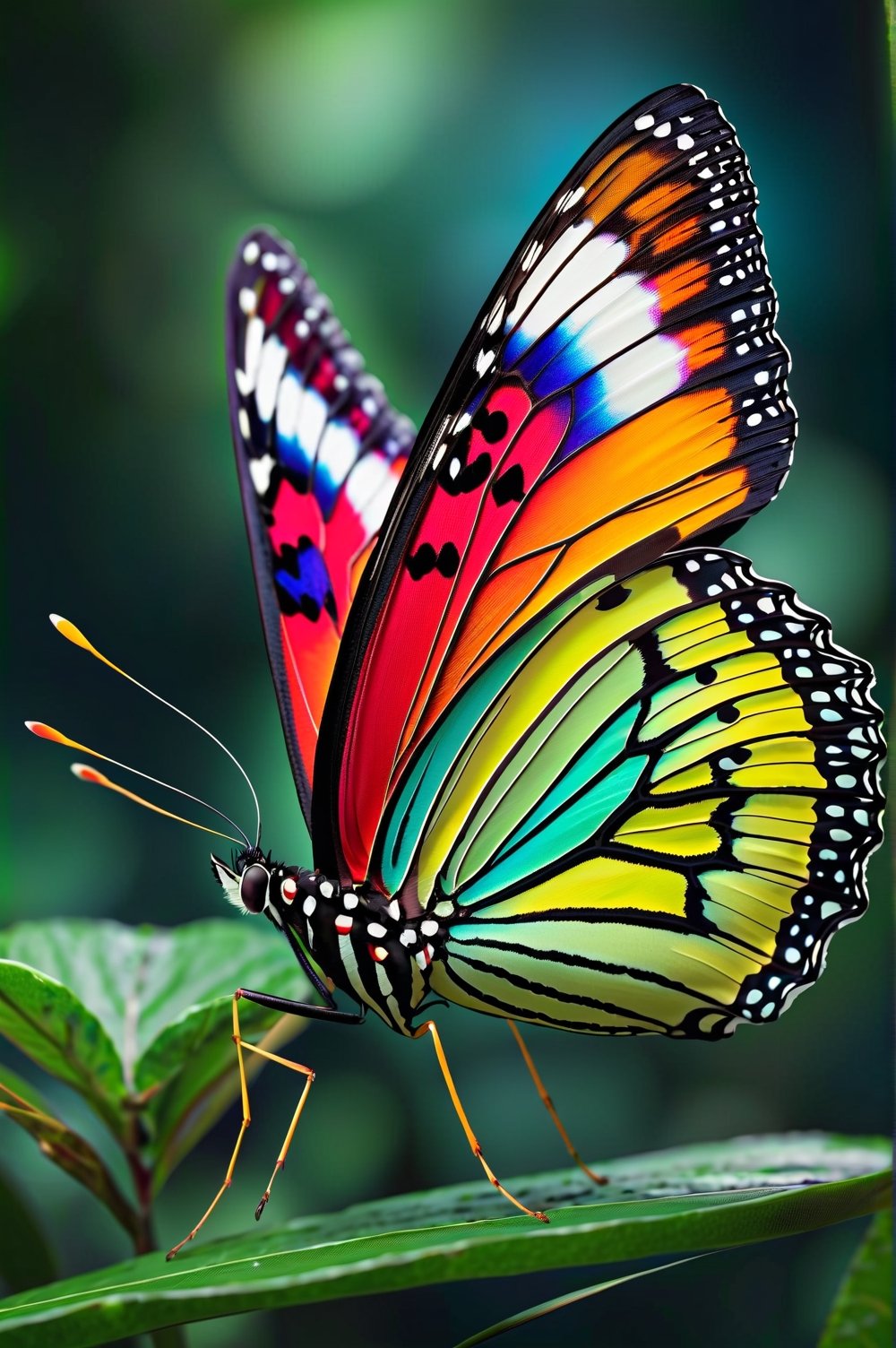 A lush, multicolored butterfly looking straight at the camera in a stunning close-up. Captured in stunning 8K resolution, this image is a hyper-realistic work of art that incorporates Miki Asai's macro photography technique. Every detail is meticulously highlighted, making this photograph a high-definition masterpiece. Composed by Greg Rutkowski, this image is making waves on ArtStation due to its studio quality, sharp focus, and intricate details that make it truly exceptional.