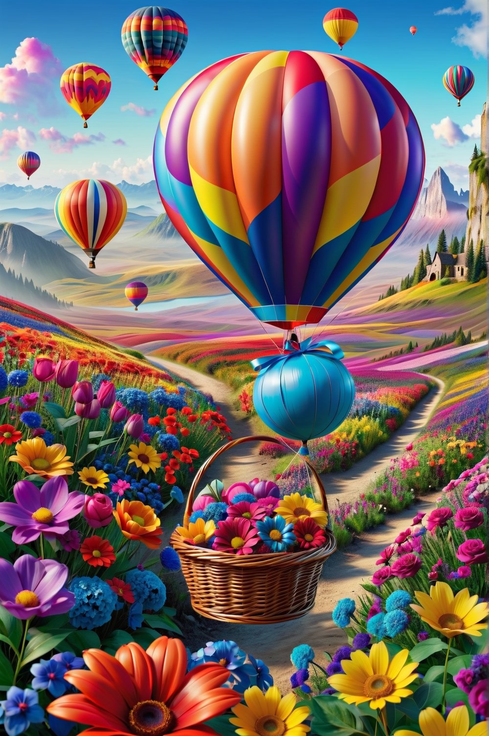 Close-up of an inflated colorful balloon, flying and carrying a basket of colorful flowers. Balloon Explorer, digital rendering, contemporary era, bright colors. Extremely realistic. A memorable 