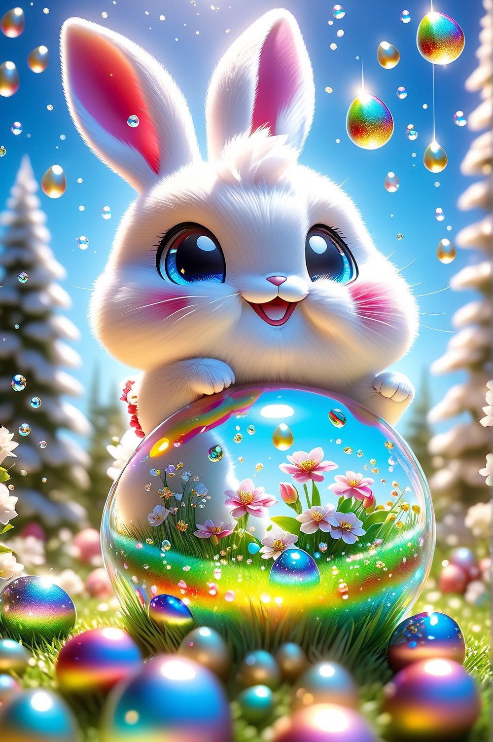 Chibi bunny, smile radiating cuteness, surrounded by roses, gifts, golden seeds, Easter eggs dotting the lawn, clear blue sky overhead, Miki Asai's signature macro photography style, close-up capturing rainbow reflections on soap bubbles, magic amulet glistening, trending on ArtStation, sharp focus at 1.5, studio setting, with Greg Rutkowski's intricate detailing in a 9k resolution image, vibrant, vivid colors, high detail, ultra-realistic