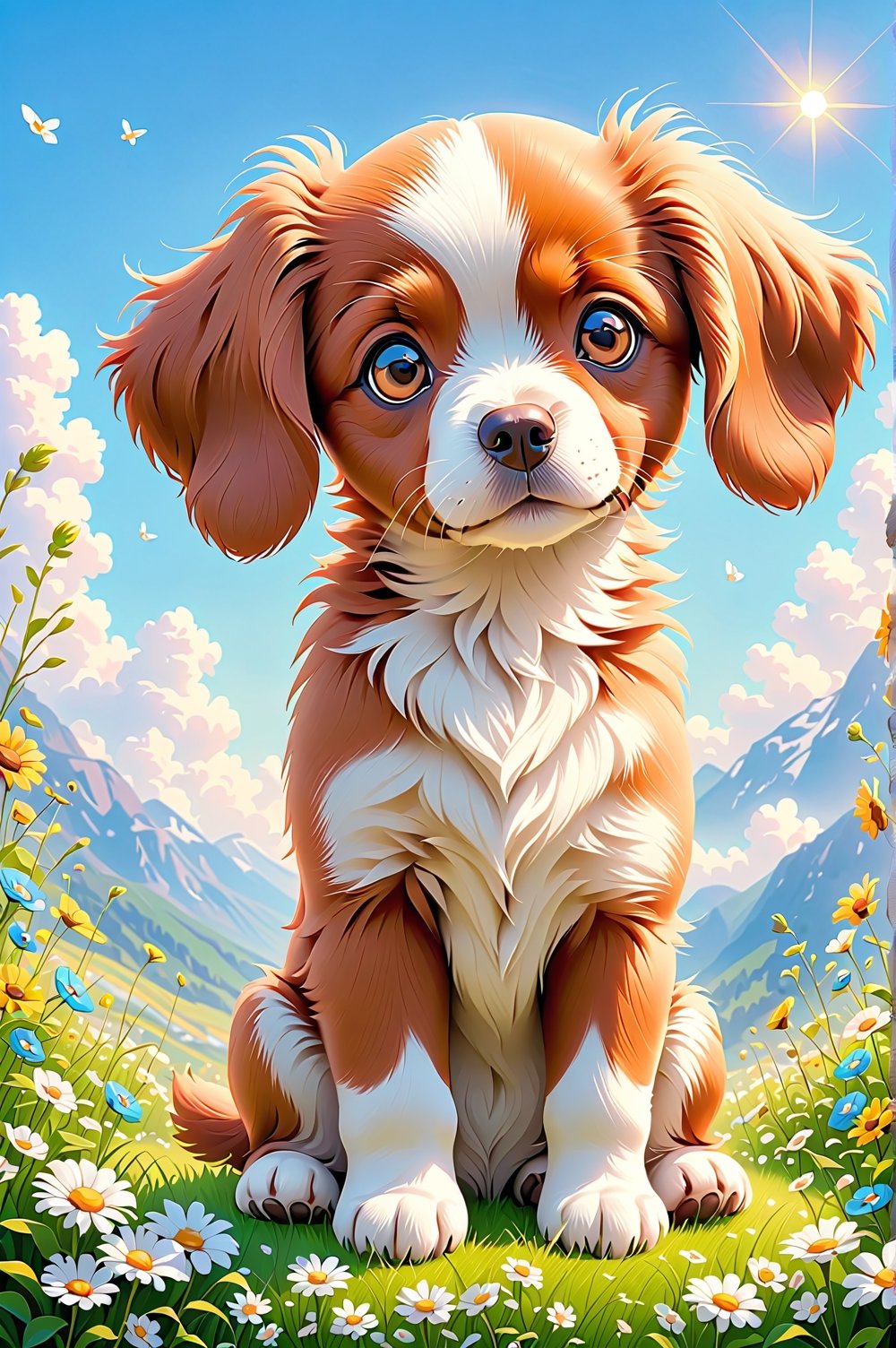 A captivating digital painting of a young Brittany puppy sitting in a comical pose, with its head tilted and an expression of doubt on its face. The puppy's eyes are filled with curiosity, and its fur is rendered with incredible detail and a vibrant sheen. The background showcases a serene spring weather scene, with blooming flowers, a blue sky, and a warm sun. This adorable and heartwarming artwork captures the essence of youthful innocence and the beauty of nature during the onset of spring.