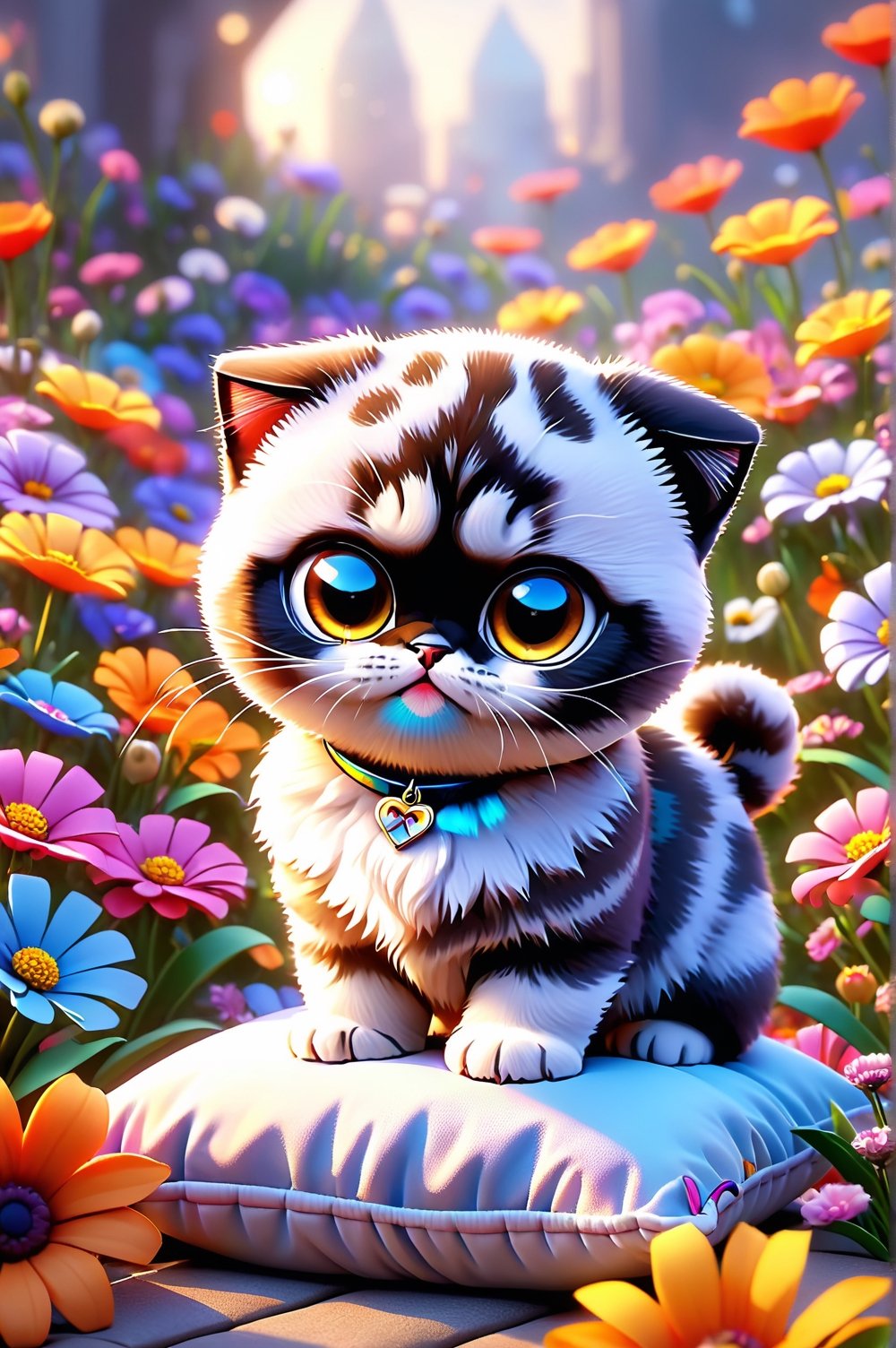 Cute drawing, beautiful chibi kitten (Scottish Fold) sitting on a monochromatic cushion, with a bow around its neck, surrounded by colorful flowers. Pixar style, 12K, bright and vivid colors, defined edges, high quality, HD, octane rendering, cinematic lighting, 2.5d cgi anime fantasy art, realistic drawing, cartoon painting, award-winning rendering.